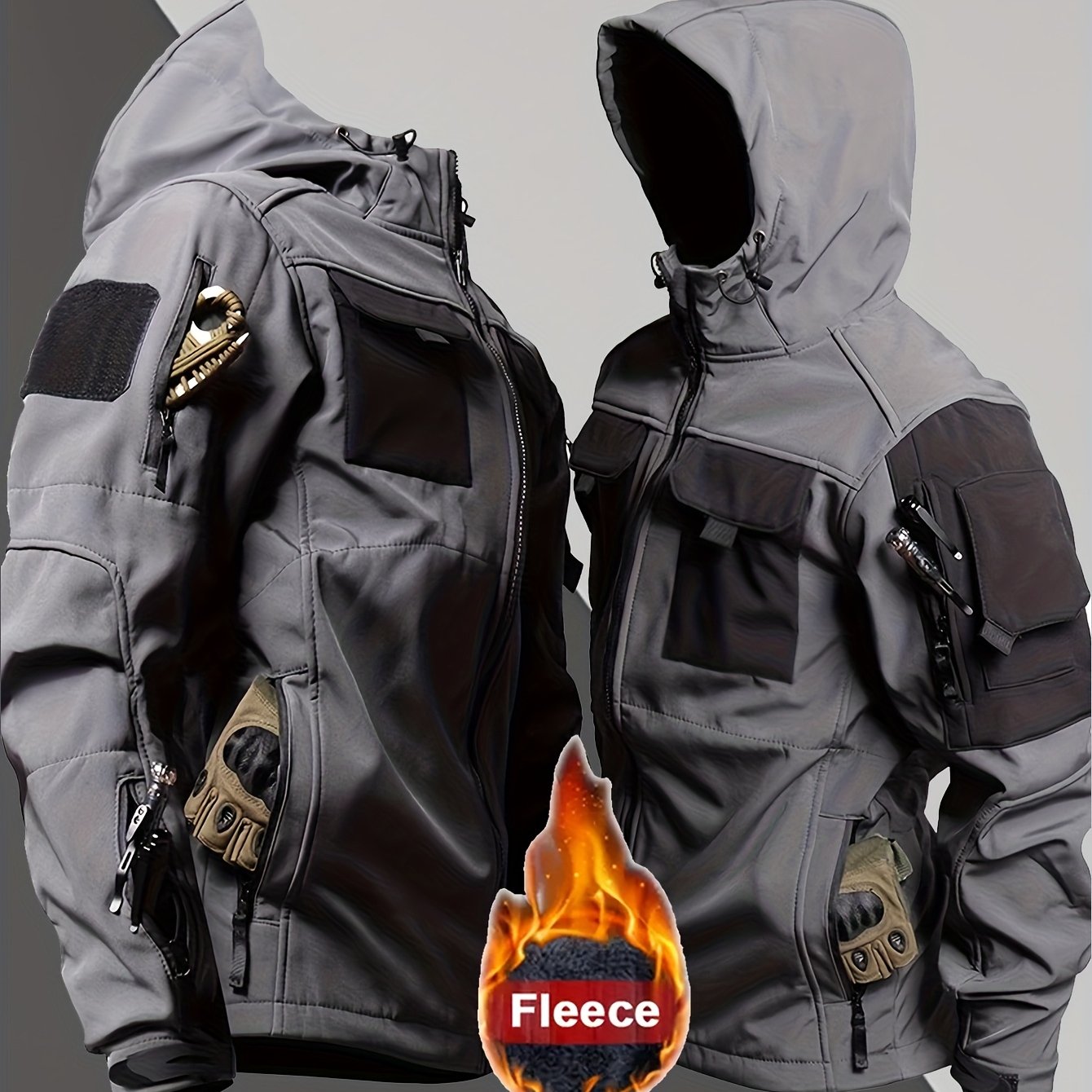 Men's Warm Hooded Zip-Up Shell Jacket with Pockets for Outdoor Activities