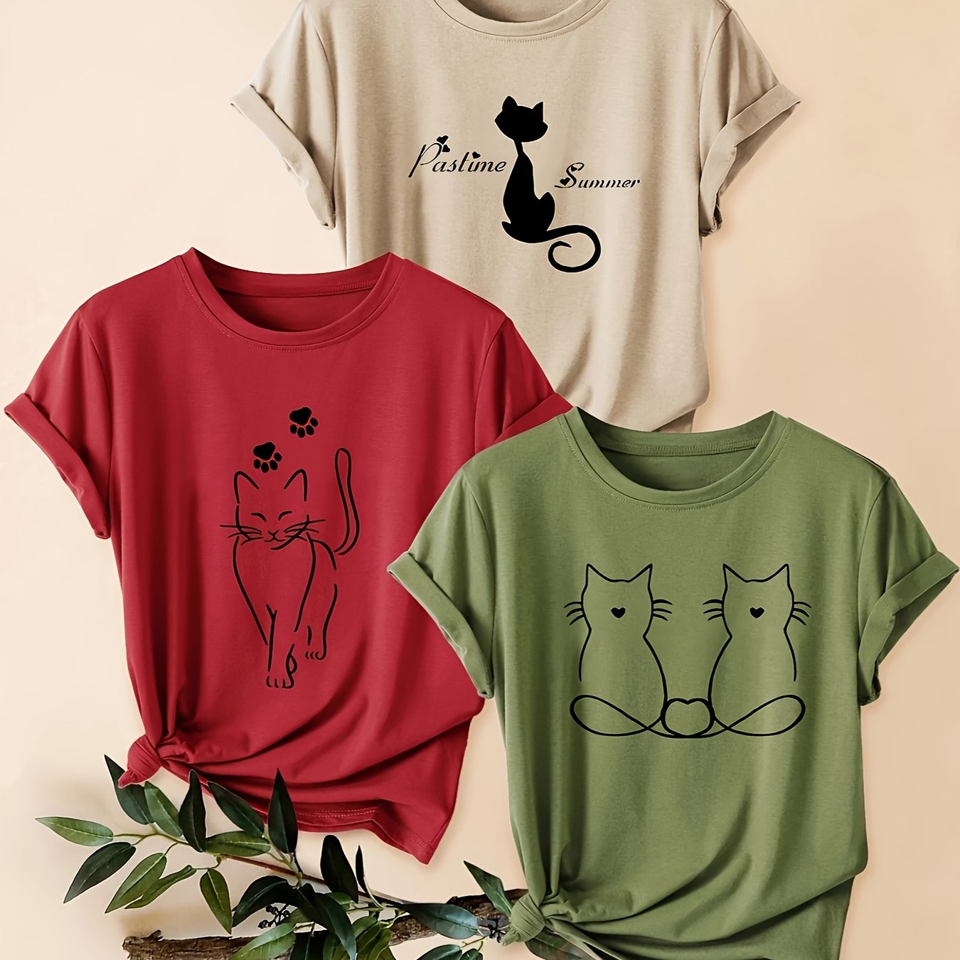 TEMU Three-pack Women's Minimalist Short Sleeve T-shirts With Line Art Cat Print, Round Neck, Loose Fit Summer , Fashionable Vacation Daily Versatile