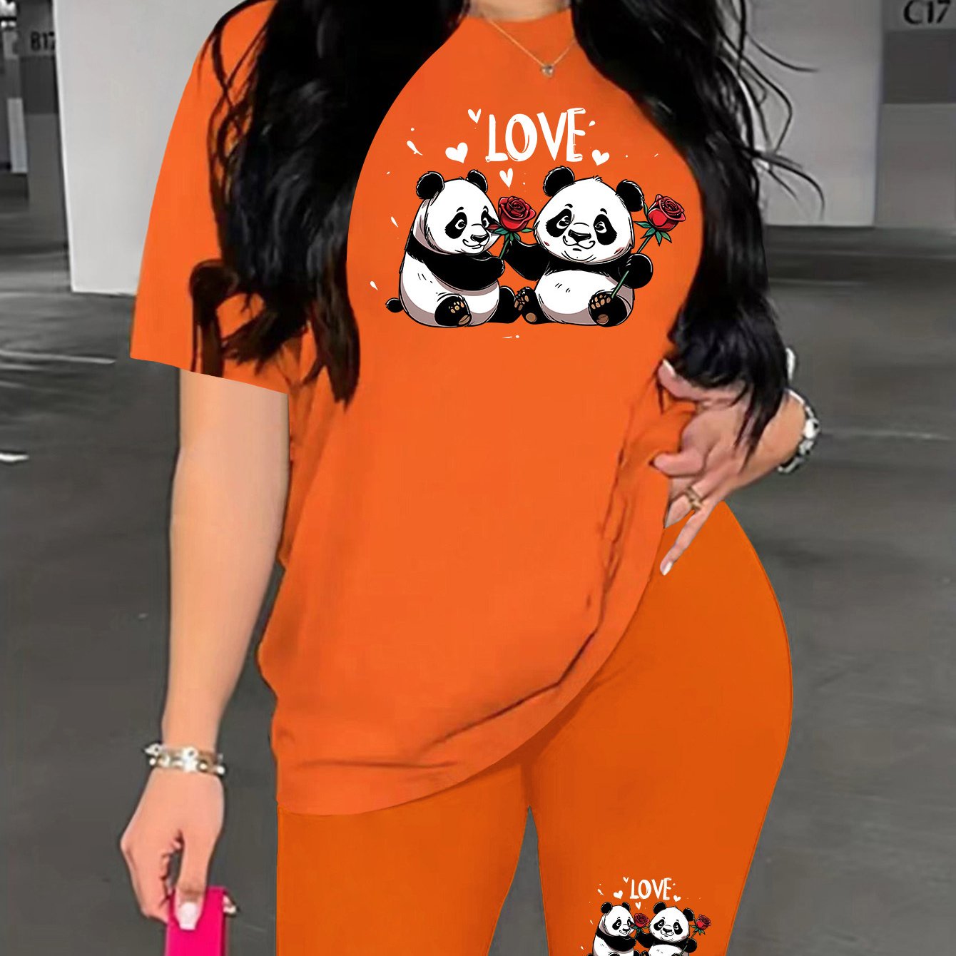 TEMU Ensemble Panda pour femme, tissu tricoté d'été, polyester, motif animal, col rond, coupe élastique, haut et short