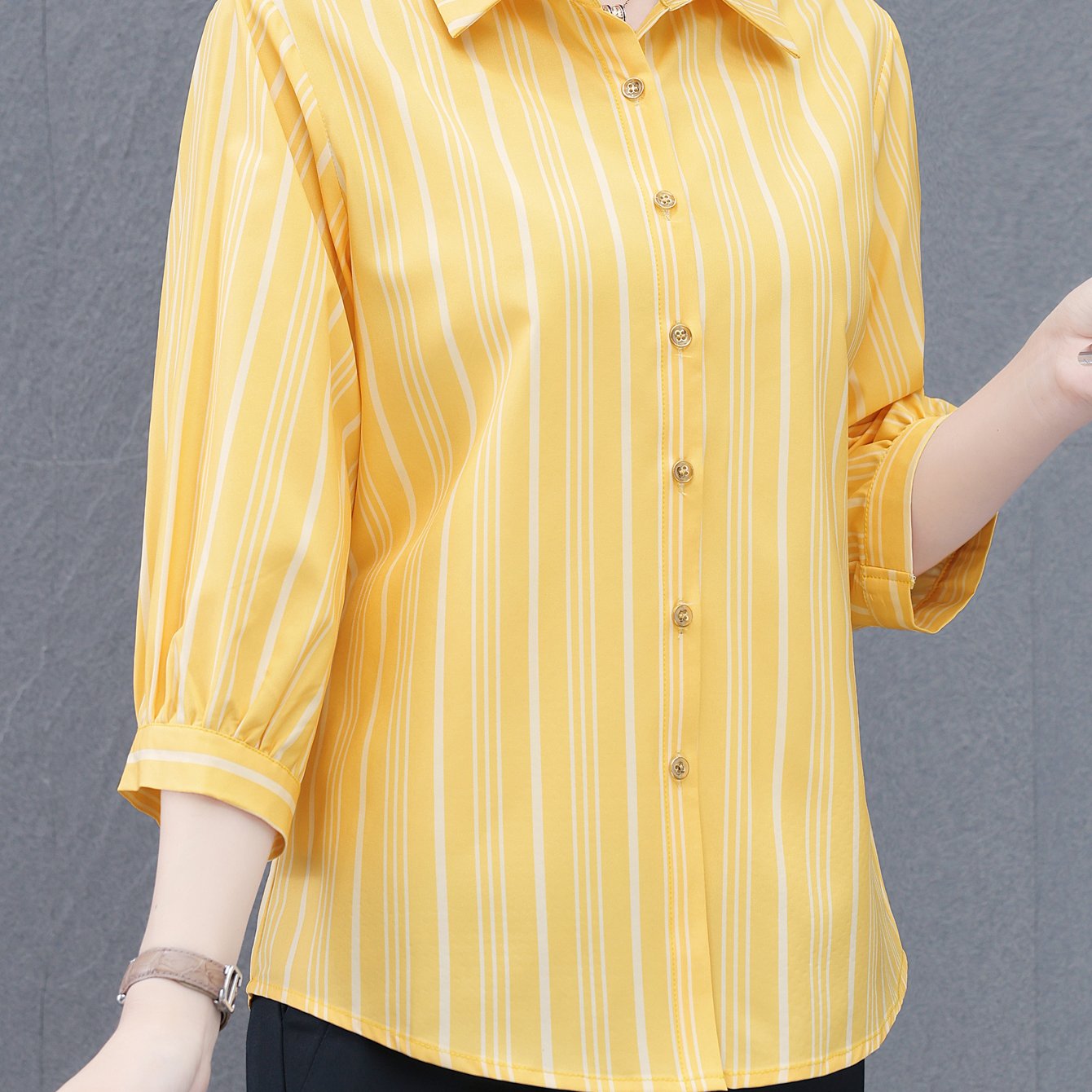 TEMU Spring Summer New Lightly Mature Striped Shirt Loose Fit Travel Casual All-match Three-quarter Sleeve Blouse