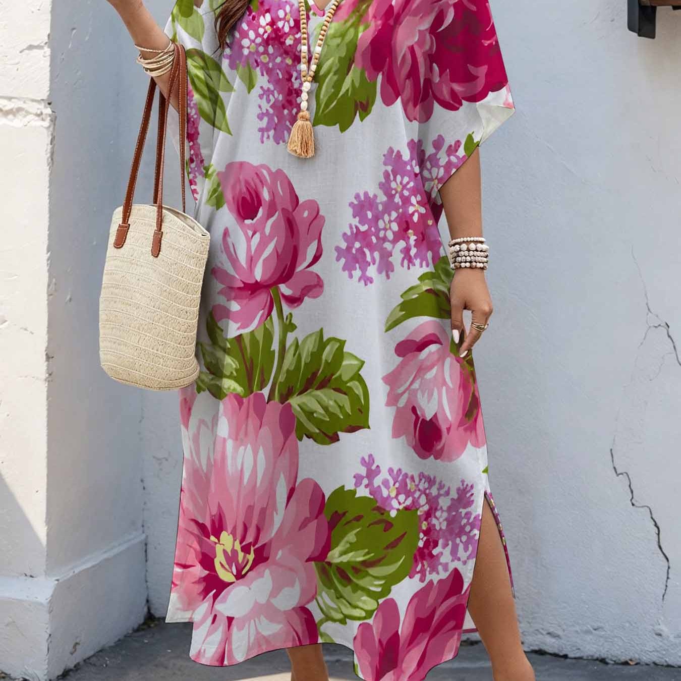 Image of Plus Size Women's 08xl Romantic Vintage Style, Pink Print Maxi Dress, V-neck Batwing Sleeve Dress With Double Side Slits, Loose Casual Summer Dress For Curvy Women