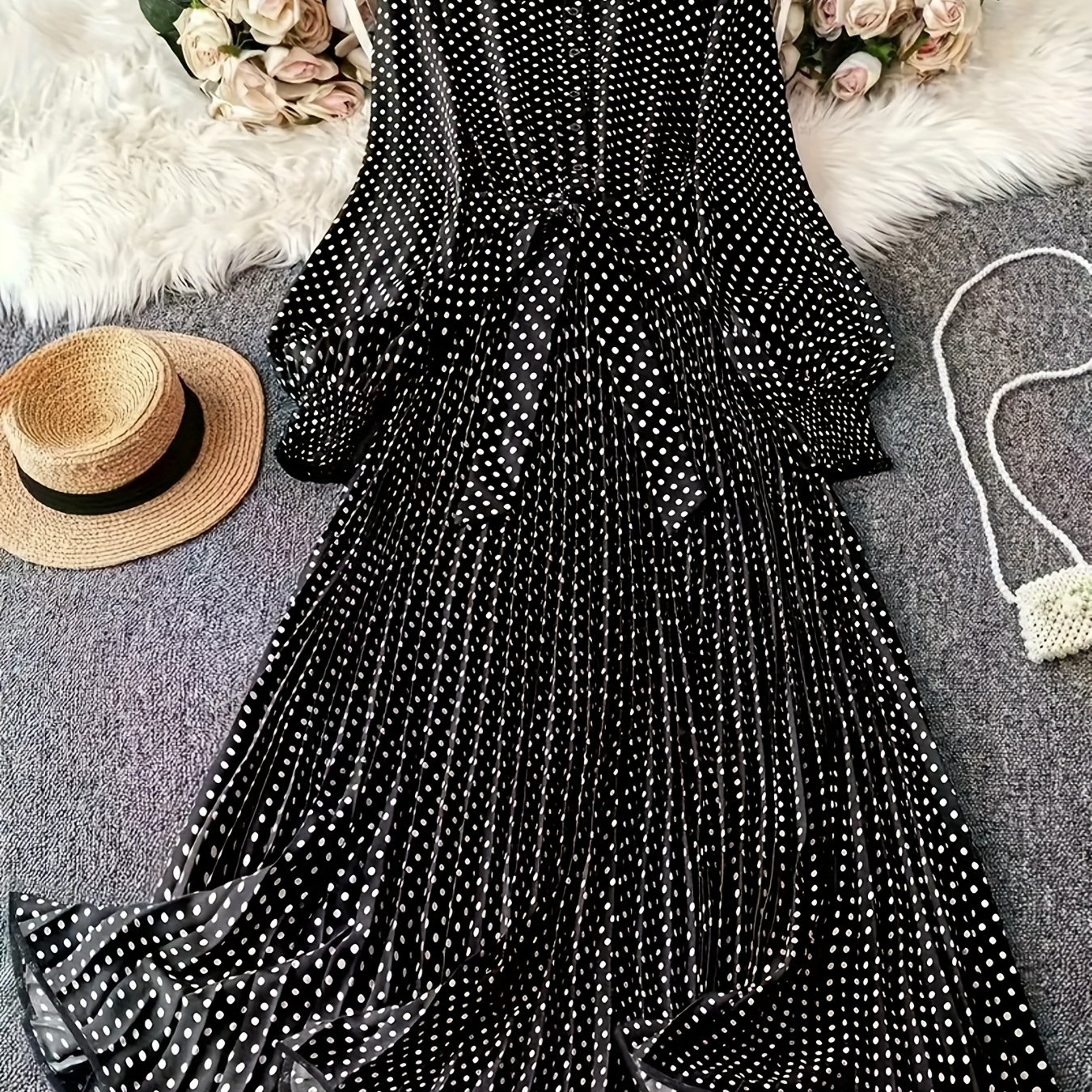 TEMU Women's Elegant Black And White Polka Dot Long Dress With Bubble Sleeves And Ruffle Hem - Waist A-line Silhouette, Machine Washable Formal And