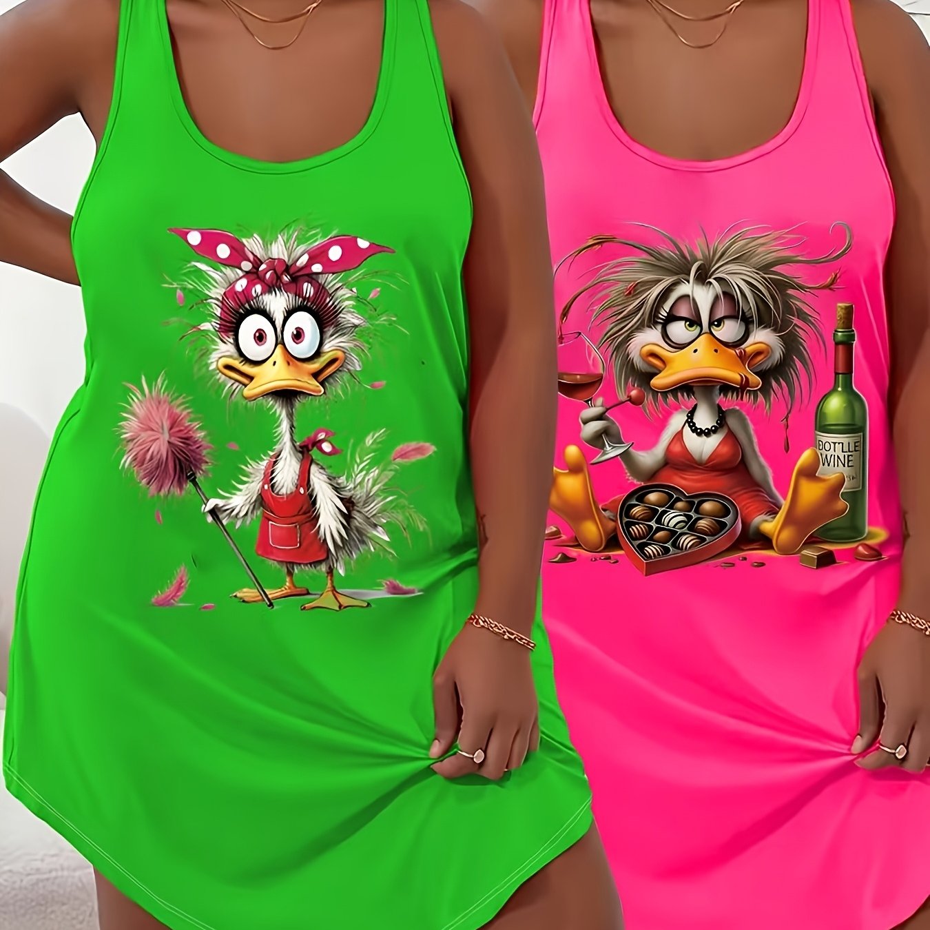 Image of 2pcs Plus Size Women's Sleeveless Vest And Nightgown Set, Neon Green And Neon Pink Fun Cartoon Duck Print Loose Mid-length