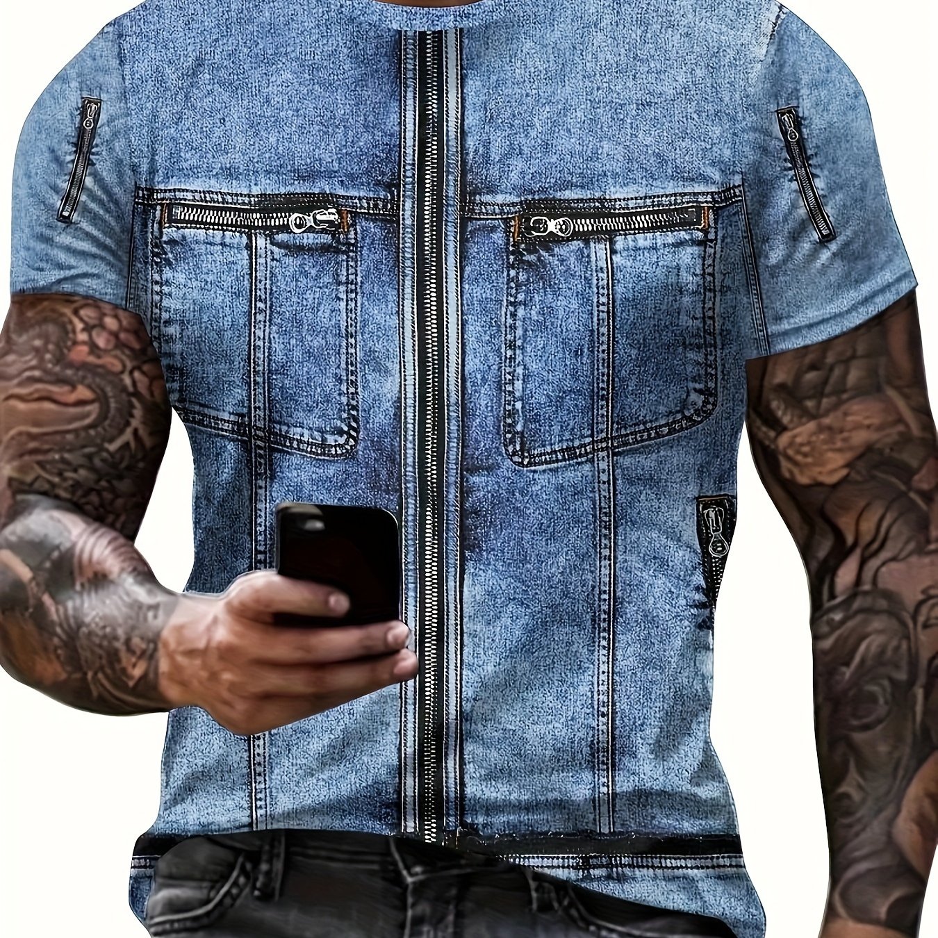 TEMU Men's Retro 3d Denim Print T-shirt - Breathable Round Neck Short Sleeve Summer Top, Machine Washable Casual Gym Training And Denim Shirt, Plus