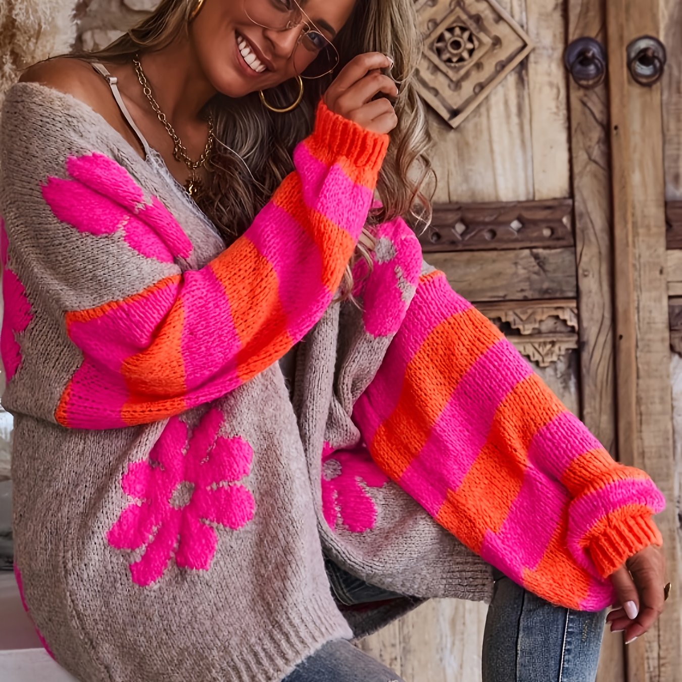 Niannian Color-block Striped Sleeve Floral Print Cropped Cardigan