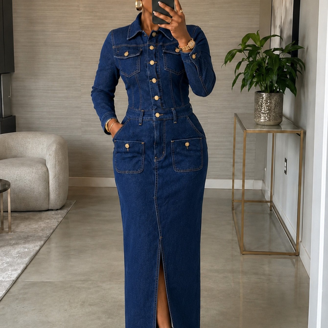 TEMU Women's Dark Blue Denim Long Shirt Dress - Multi-breasted Slim Fit Party Banquet Long Sleeve Lapel Break Golden Button High Waist Slim Fit