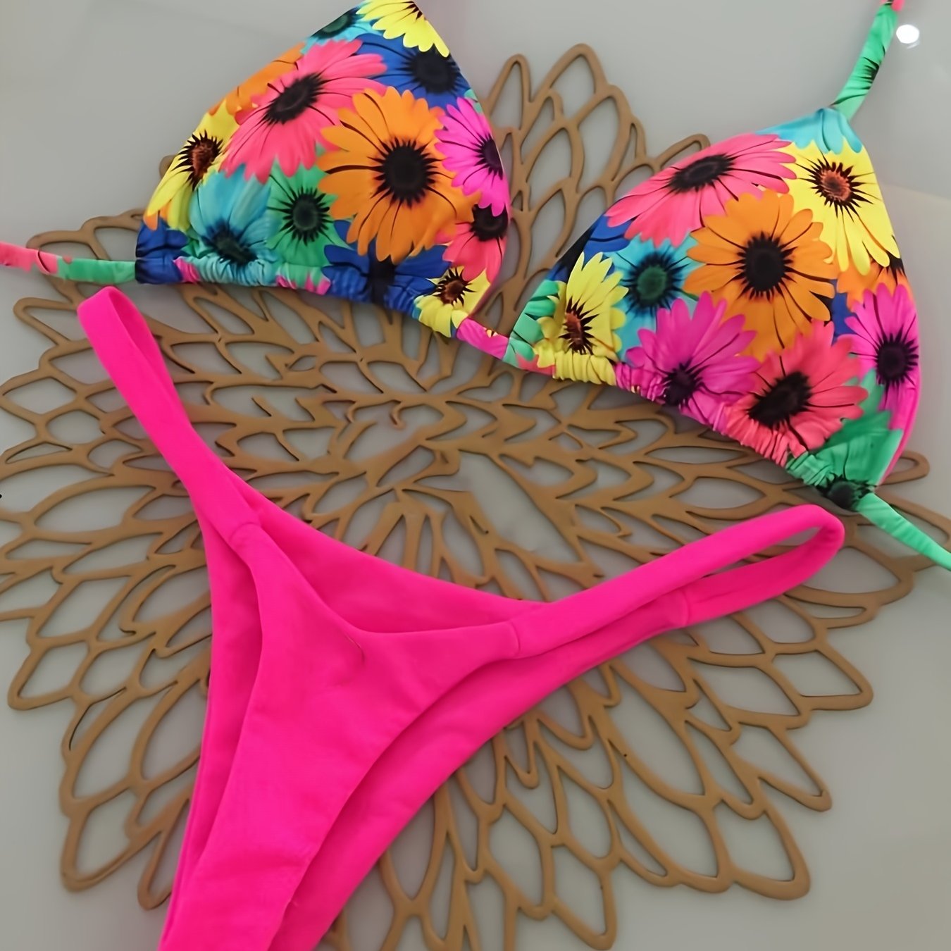TEMU Conjunto de Bikini Sexy y Colorido con Diseño de Margaritas | Tejido de Elasticidad, Estampado Floral, Detalles de Cordones, Parte Inferior para