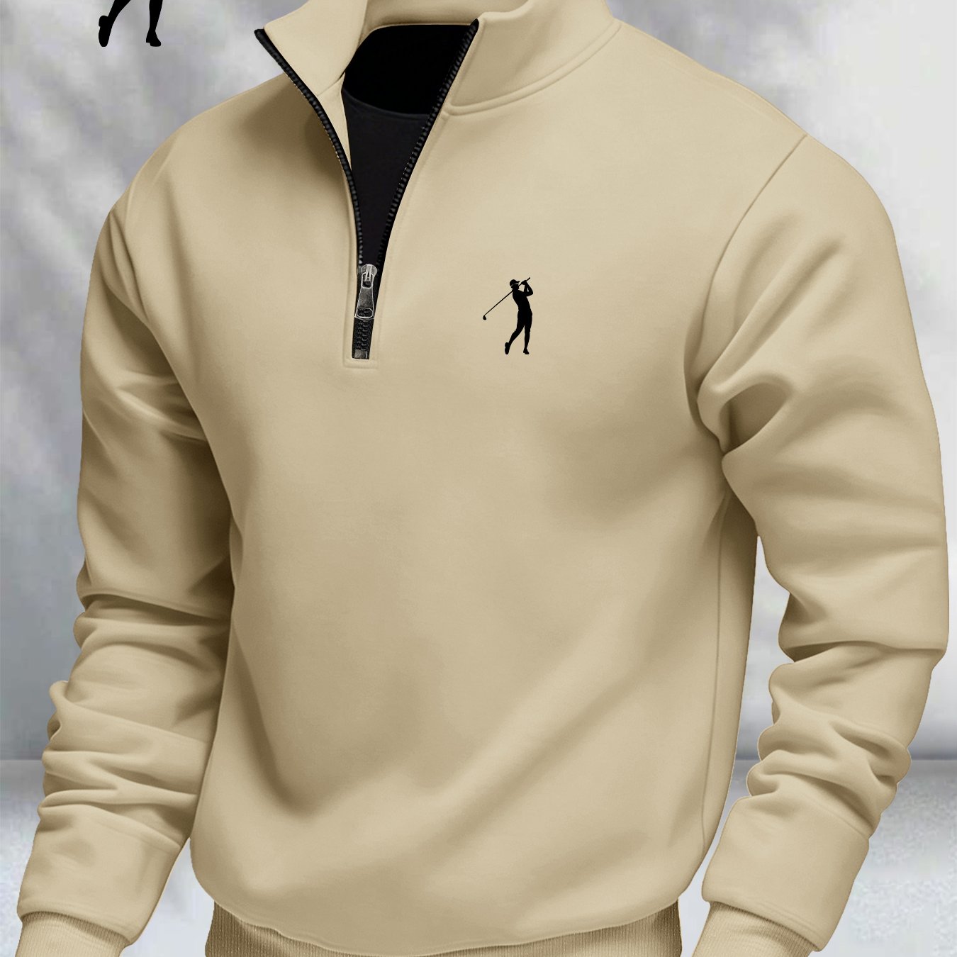 TEMU Men's Casual Long Sleeve Knit Zip-up Cardigan, Golf Swing Print, 1/4 Zip, Medium Stretch Fabric For Autumn/winter, Comfortable Warm Outerwear,