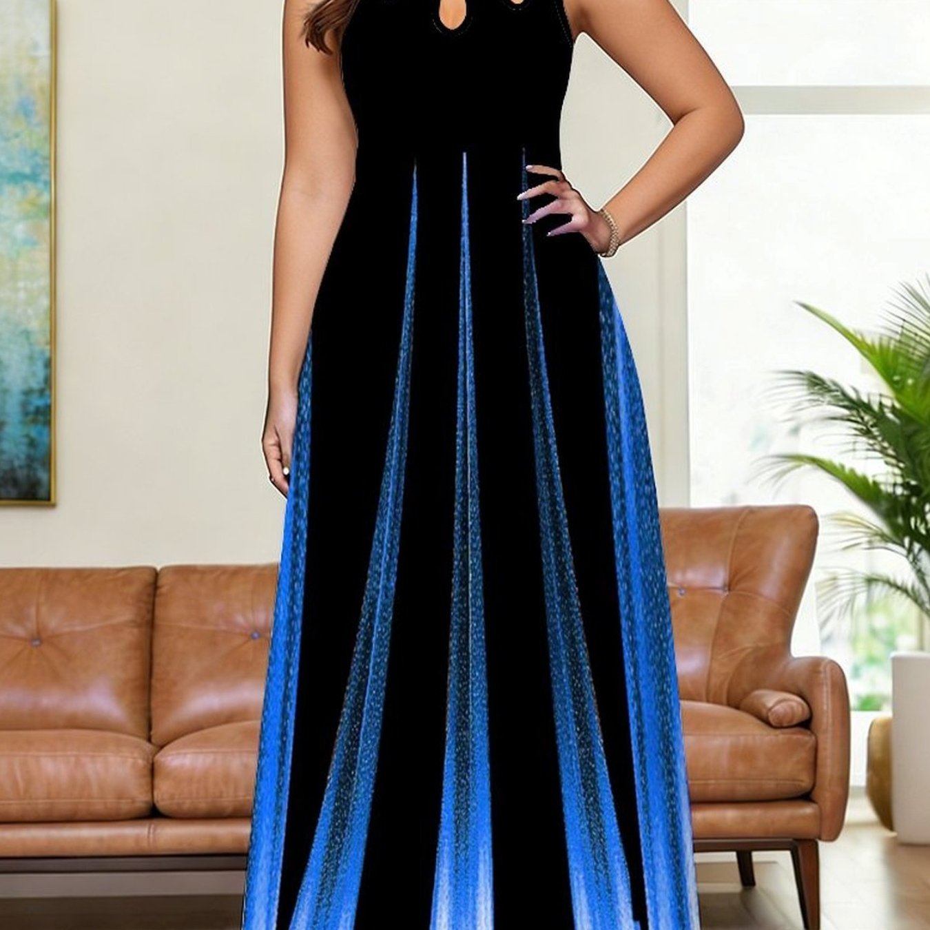 Image of Plus Size - Women's Dress, Women's Plus Size Dress, Geometric Style Pattern, Elegant Full Body Printing, Women's Fashion Trend, Beach Vacation , Sleeveless Chest Hole Vest Dress
