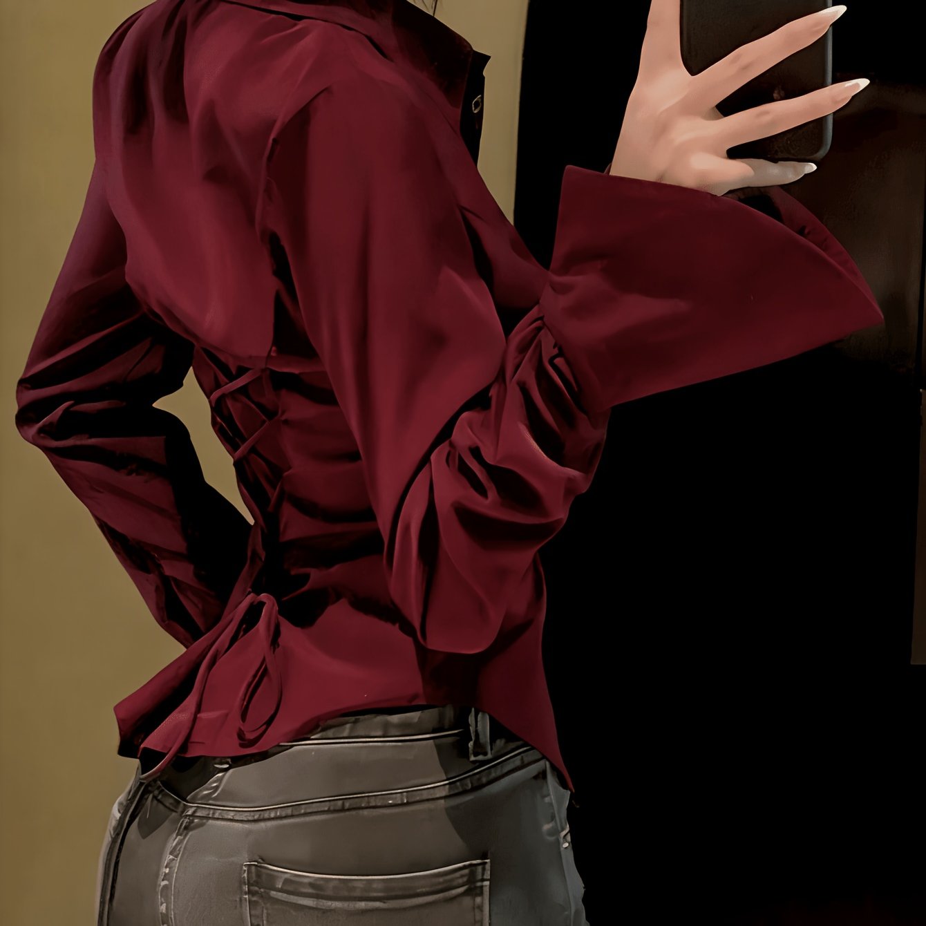 TEMU Chemise pour femmes, couleur unie, chemisier à manches longues avec nœud à l'arrière, convient à toutes