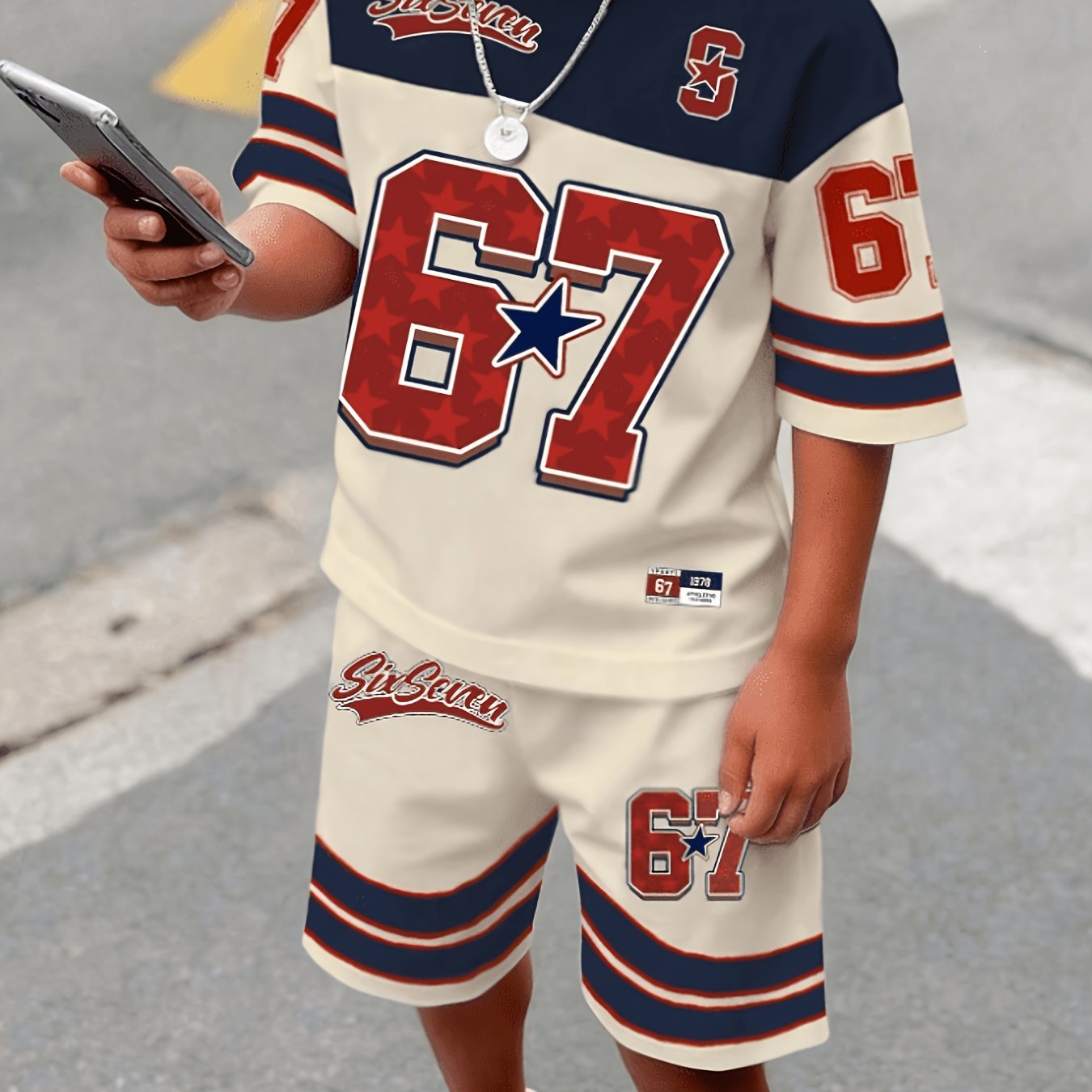 Image of 2pcs/set Boys Casual 67, Star, Stripe, Letter Print Short Sleeve T-shirt And Shorts, Suitable For Comfortable Daily Wear And Summer, For Outdoor