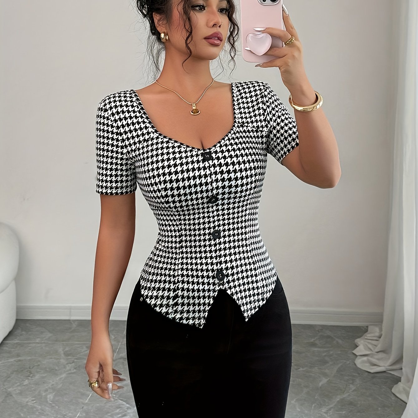 TEMU T-Shirt Femme Élégant à Carreaux , Slim-Fit, Décoratif et à Boutonnage Simple