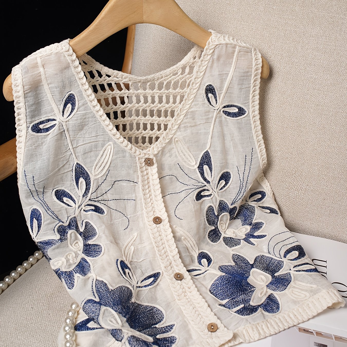 Image of Daily Casual Boho Floral Embroidery Vest Women Sleeveless Hollow Out Crochet Button Up Outerwear For Summer