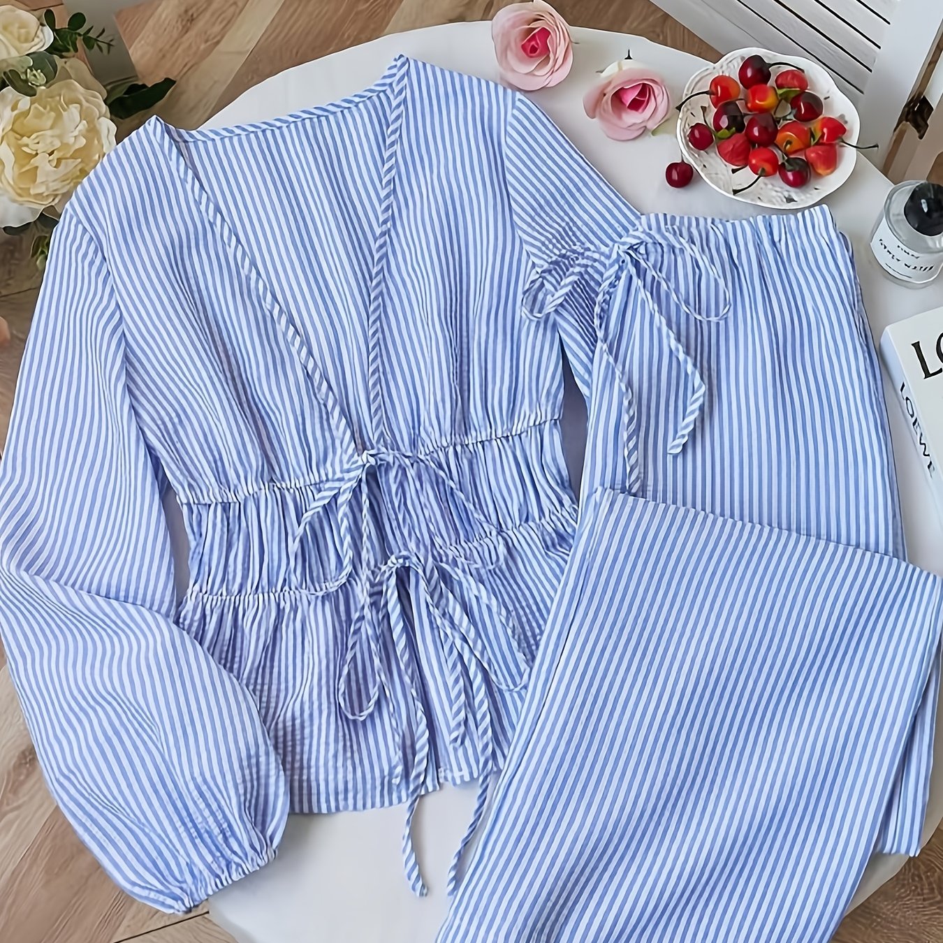 TEMU Elegant Casual All--neck Striped Long Sleeve Shirt And Pants With Drawstring Set