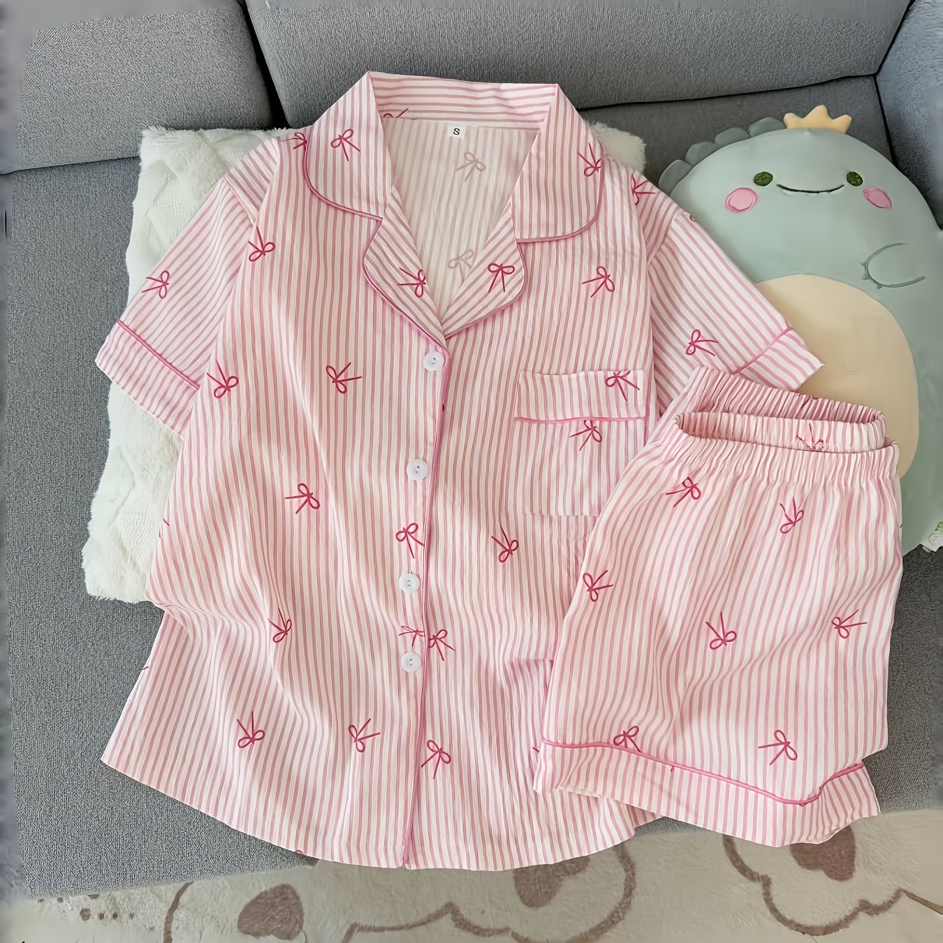 TEMU Bow Striped Comfortable Short Sleeve Casual Summer Pajama Set