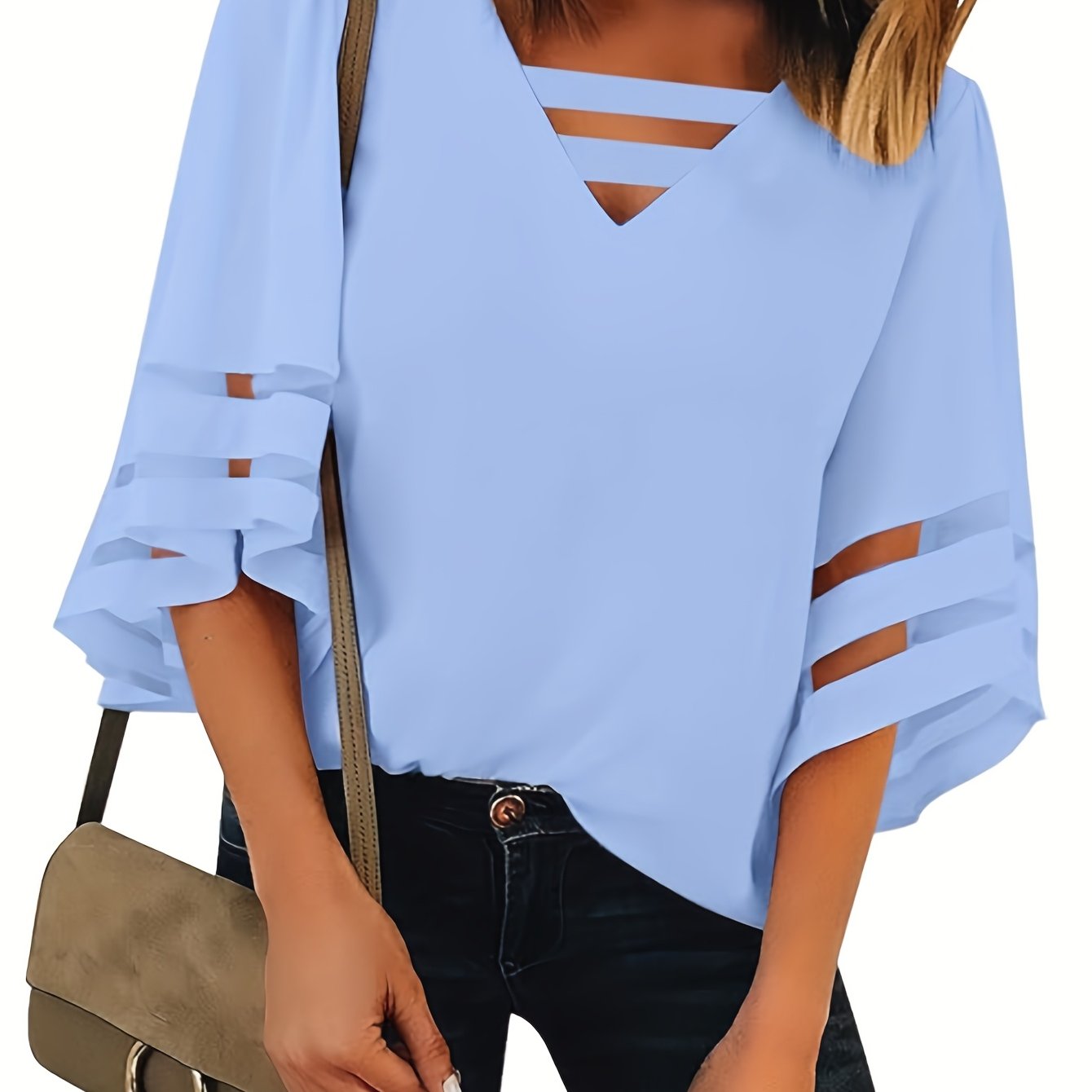 TEMU T-shirt grande taille, , unie, , à col en V, avec empiècements et manches -, nouveau haut décontracté style chemise d'été pour femme
