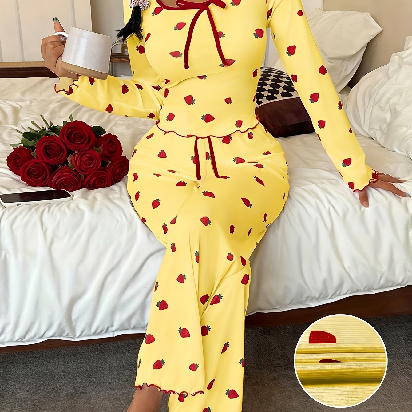 Image of Women's 2pcs Strawberry Print Long Sleeve And Pants Pajama Set