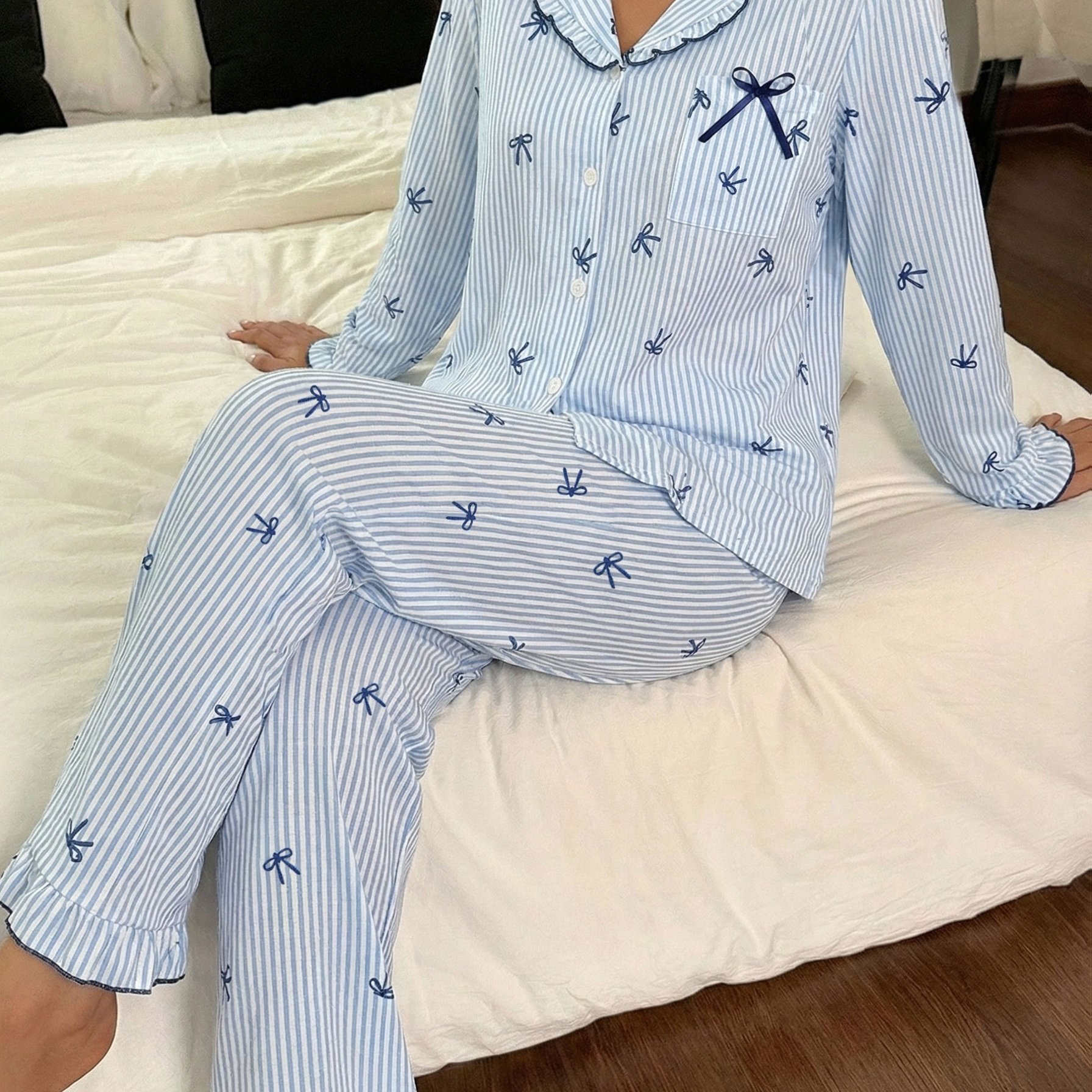 TEMU Blue Vertical Striped Print Women's Pajamas, Long Sleeve Top And Long Pants Set, Easy Comfortable Bow Print , Single-row Button Cardigan Lapel Loungewear 2pcs