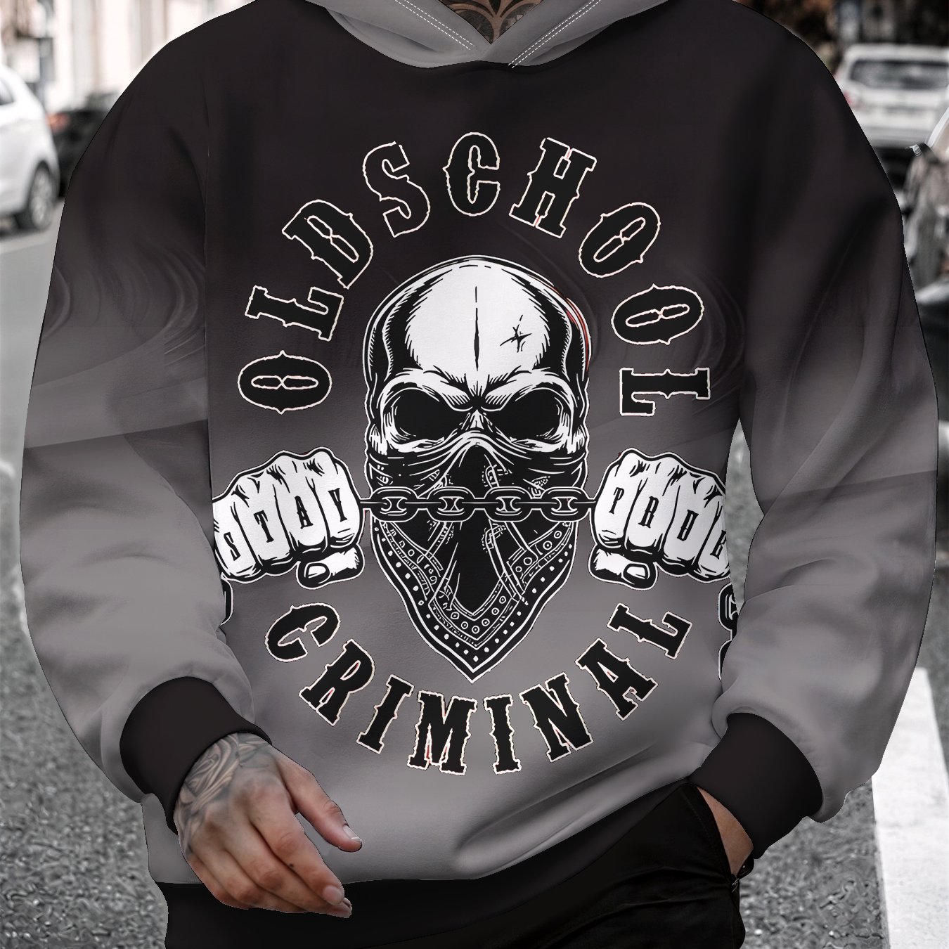 TEMU Men's Hoodie With Full-print Skull Gradient Pattern, Casual Versatile Long-sleeve Sweatshirt For Men Featuring , Hip-hop And Biker Styles