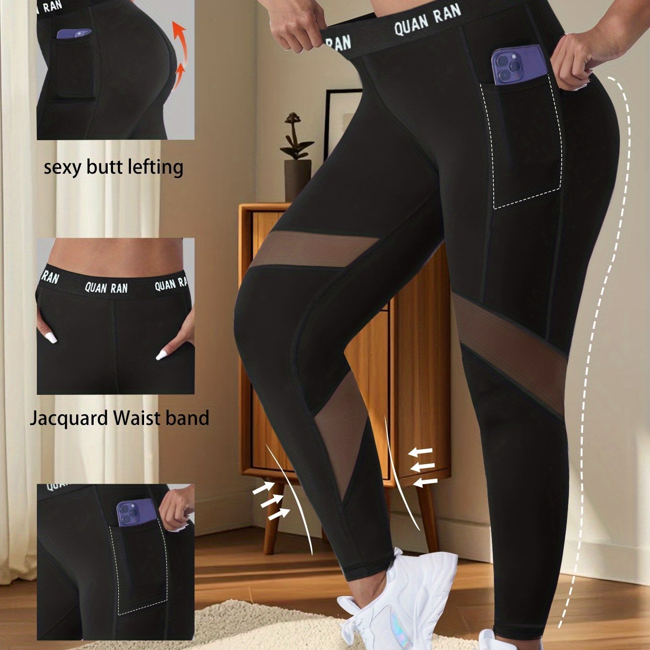 Plus Size Women's Sexy Mesh Panel Leggings | High-waisted Non-see-through Tummy Control | Stretch Fitness, Cycling, Running, And Yoga Pants With Pockets | Perfect For