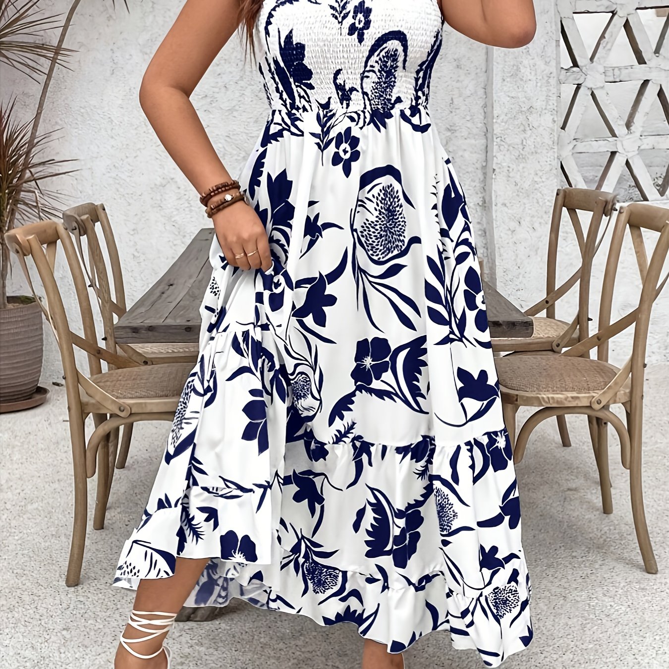 Image of Plus Size Floral Neck Dress With Smocked Bust & Flared Hem - Machine Washable Non-stretch Vacation Dress For Women, Elegant Resort Wear, Floral Print Dress, Fashion, Nontransparent Fabric