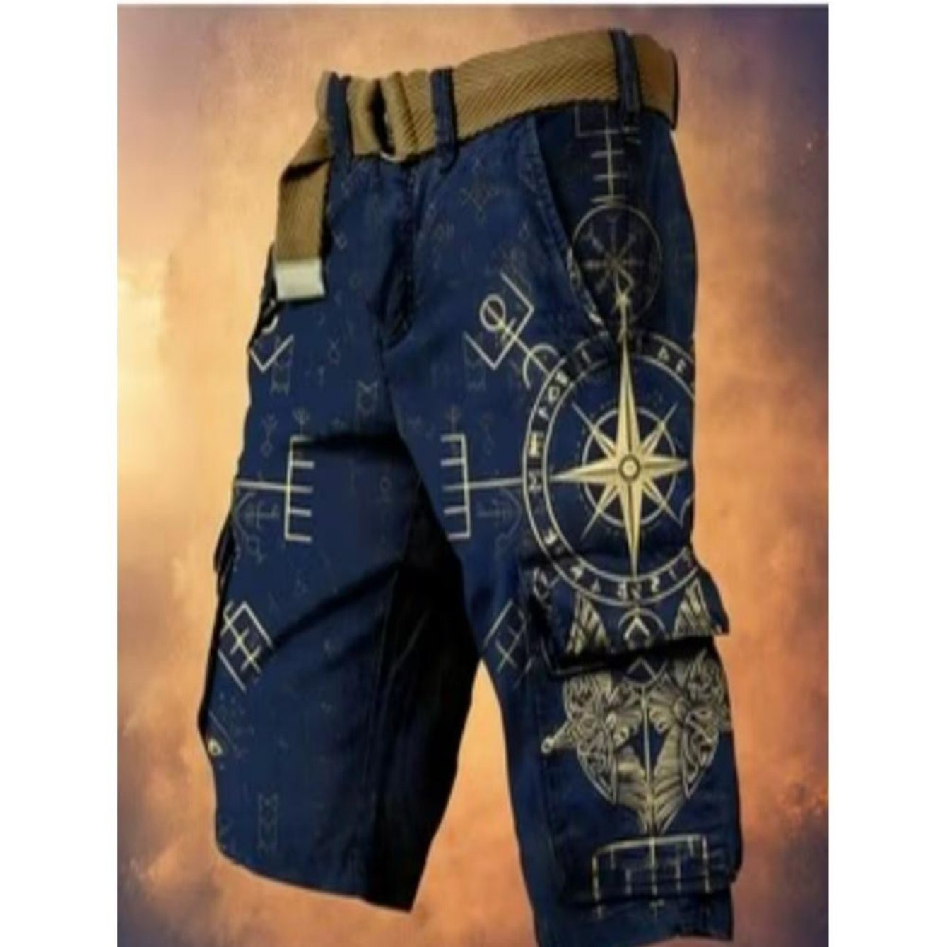 Image of New Arrival Men Plus Size Compass Nautical Symbol Full Print Cargo Shorts Without Belt Outdoor Street Wear Print Comfortable Cool In Summer Fashion Versatile Design Sense Multi Pocket Pants