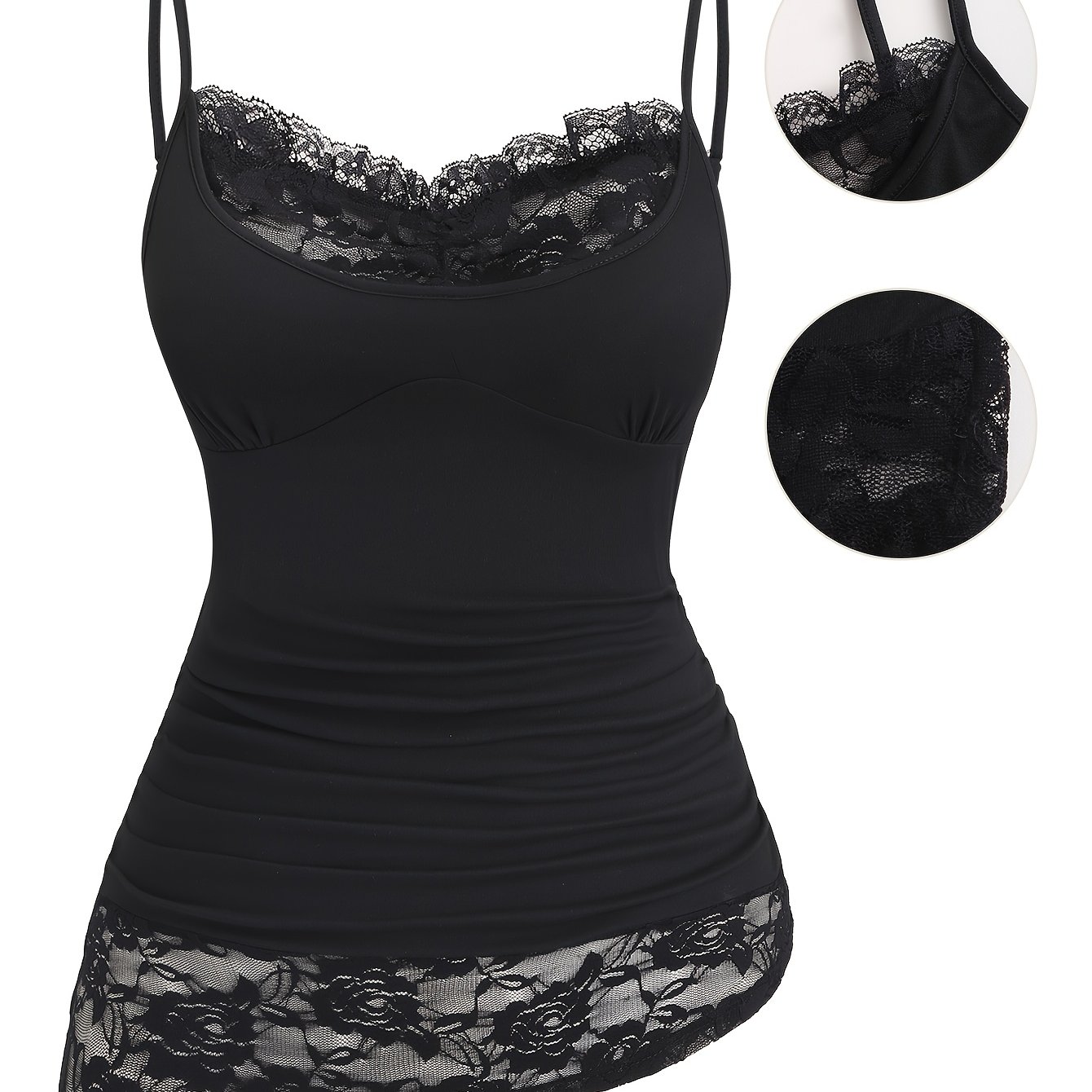 TEMU Plus Size, 2026 New Plus Size Y2k Sweet & Edgy Style Lace Slim Fit Camisole, Wrinkle-effect Core-spun Texture Tank Top, Irregular Hem Lace Trim