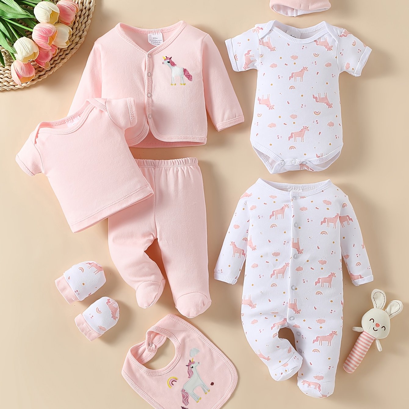 Image of 8pcs Set Baby Clothes Infant Outfit Newborn Baby Clothes Girls Newborn Set Crawling Suit Bodysuit Hat Top Pants Multi-piece Set Full Gift, For Outdoor