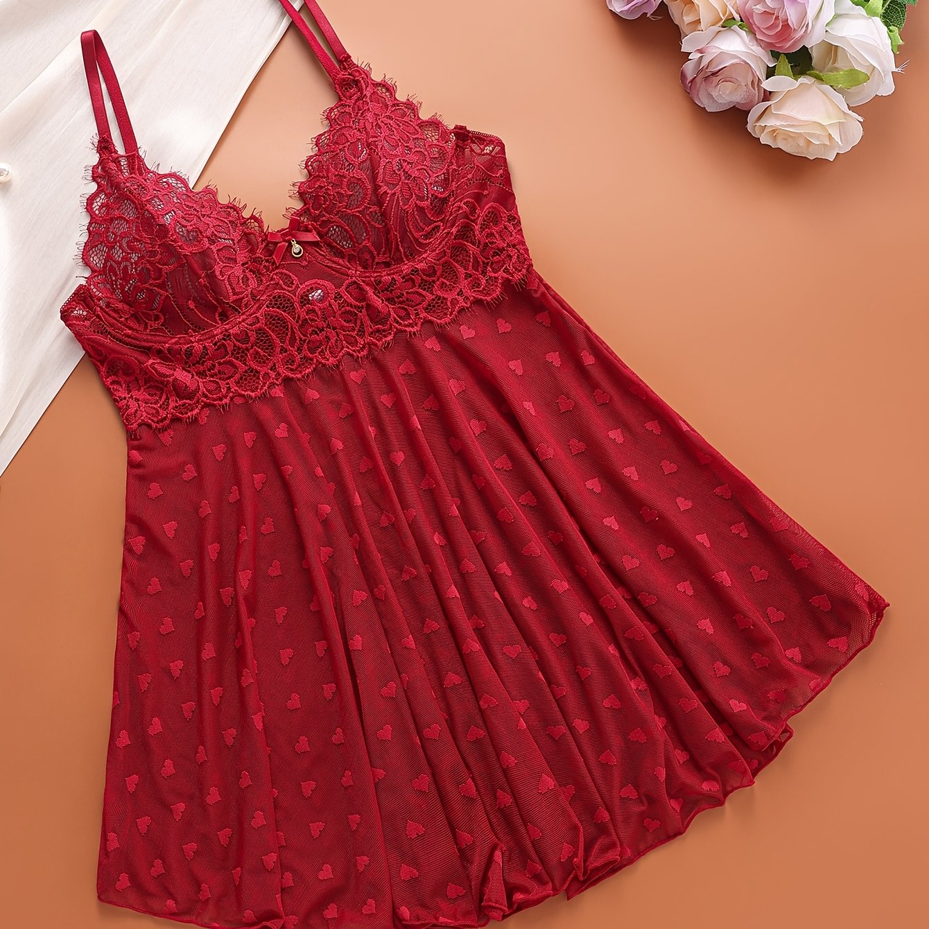 TEMU Women's Red Floral Lace Sexy Heart Wedding Nightgown