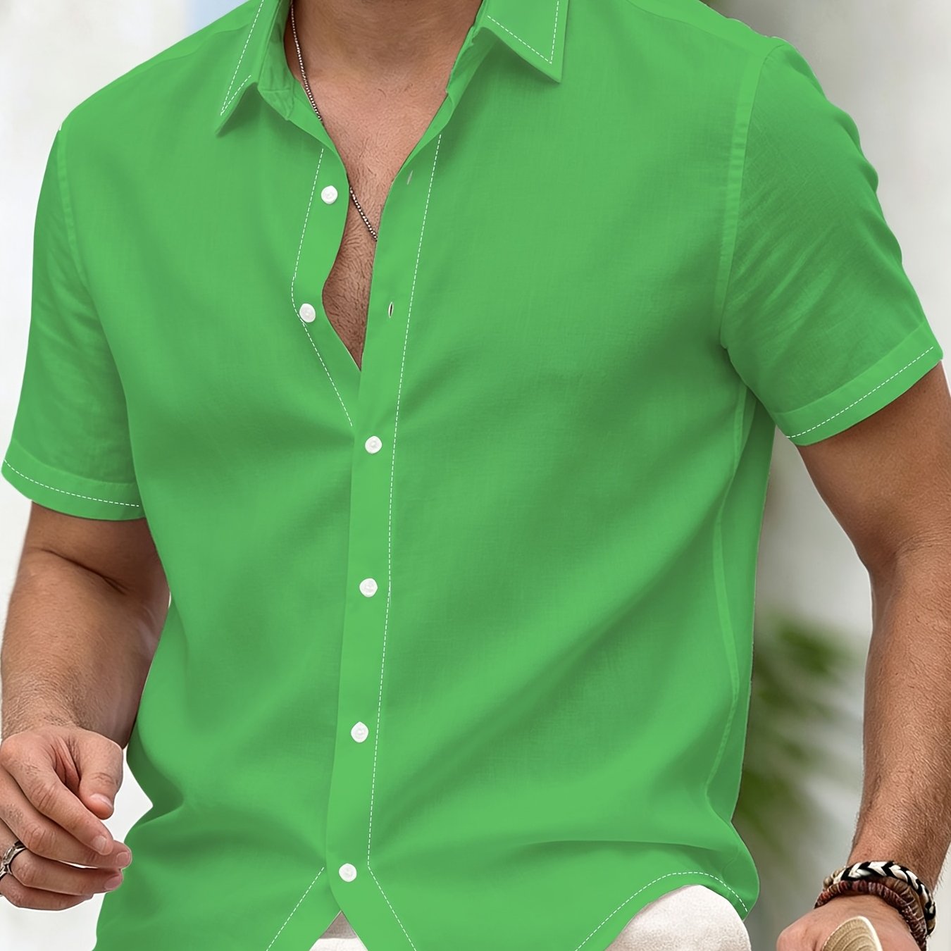 TEMU Old Money Outfits Hawaiian Style Shirt For Men, Casual Pink Fluorescent Green Short-sleeve Shirt With Button- Collar, Comfortable And Soft