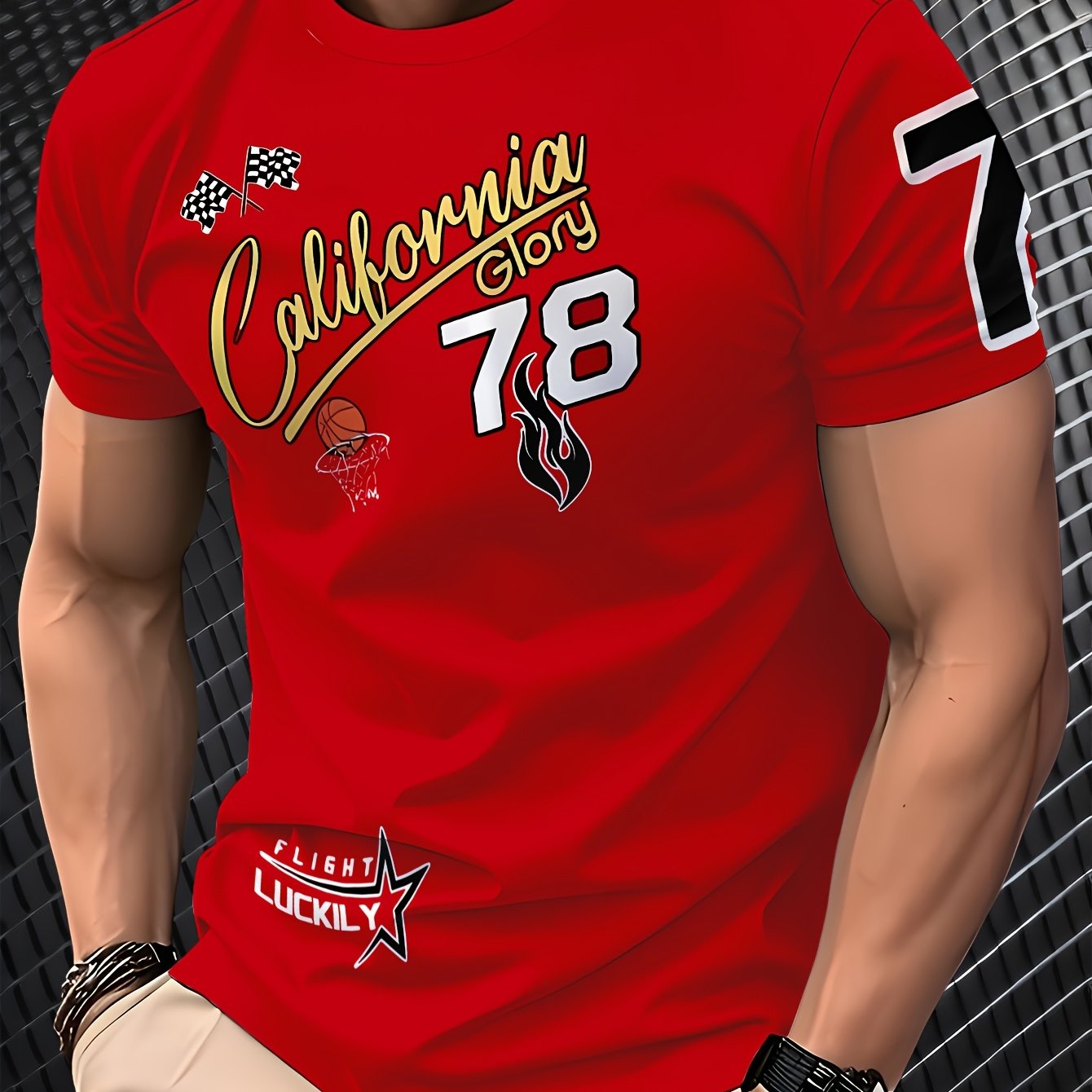 TEMU Men's T-shirt - Red Short Sleeve Crew Neck, Breathable Polyester, Lightweight And Comfortable, Casual Wear For [printed Design - Not Textured]