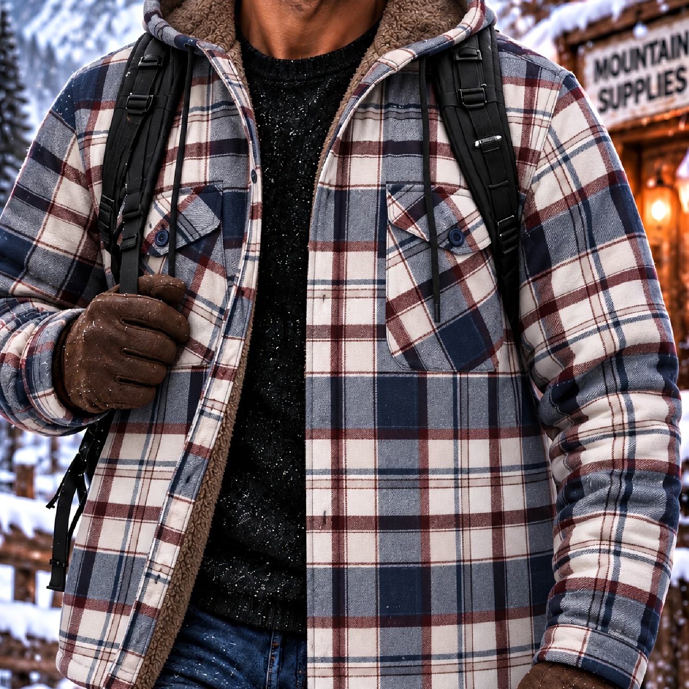 TEMU Veste Homme à Capuche en Fausse Fourrure à Carreaux, Doublure en , Manteau Décontracté Boutonné, Sweat-shirt, Poche Double au , Vêtement d'Hiver
