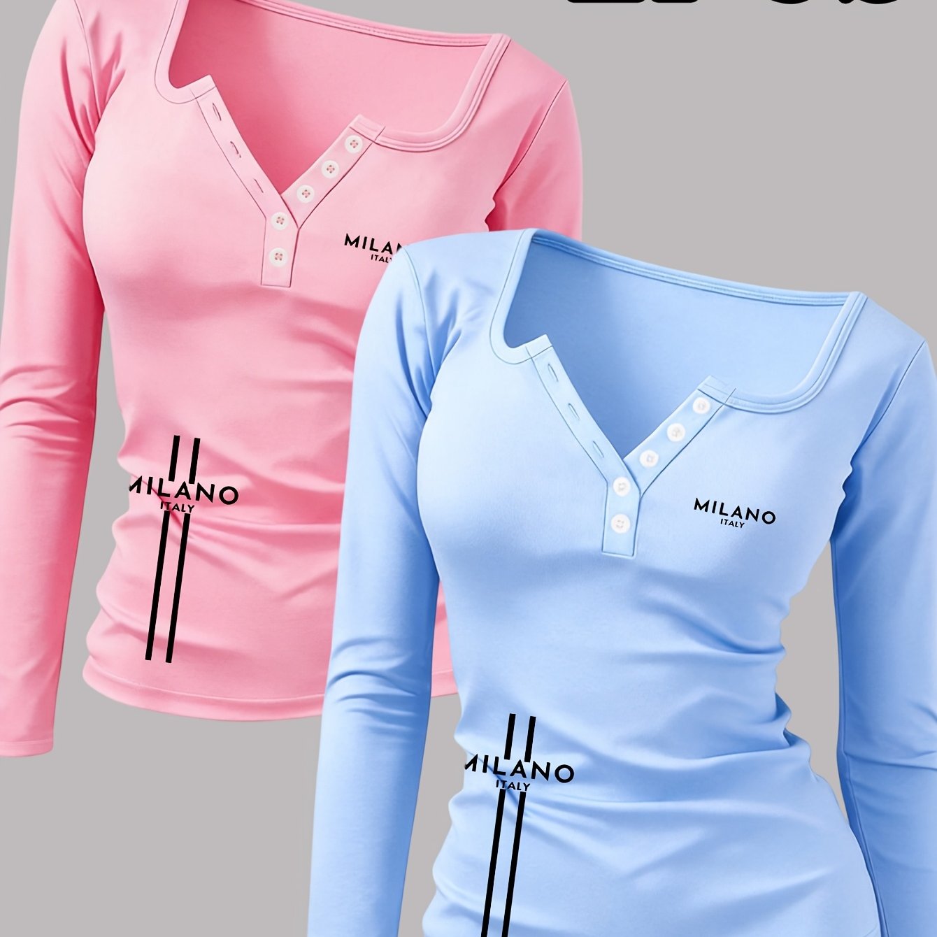 TEMU 2pcs : Women's , Italy Hot Outfit, Sexy Round Neck Long Sleeve T-shirt With Buttons, Revealing Y2k/casual/sporty/tunnel/fashion/gothic/elegant,