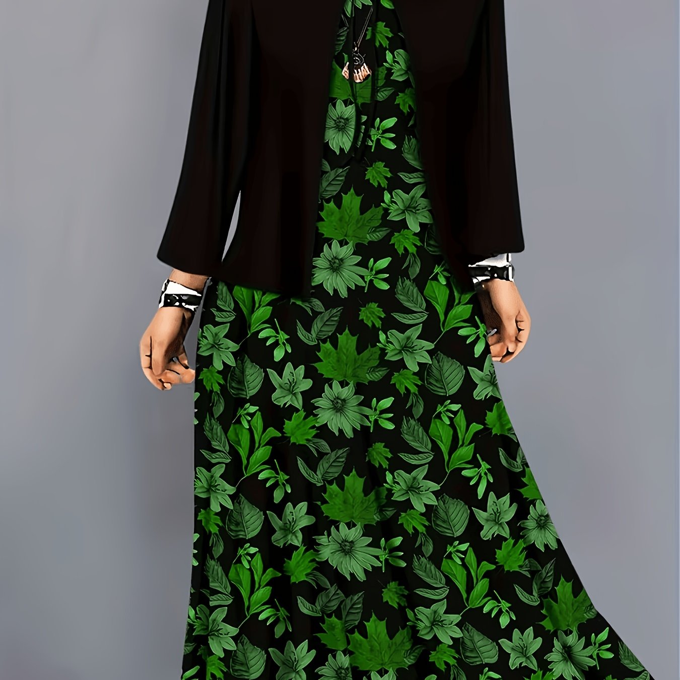 Image of Plus Size Women' Color -sleeve Short Tie-front Cardigan Coat And Floral Print Mid-length Dress Two-piece Set, Daily Elegant Casual Dress Suit