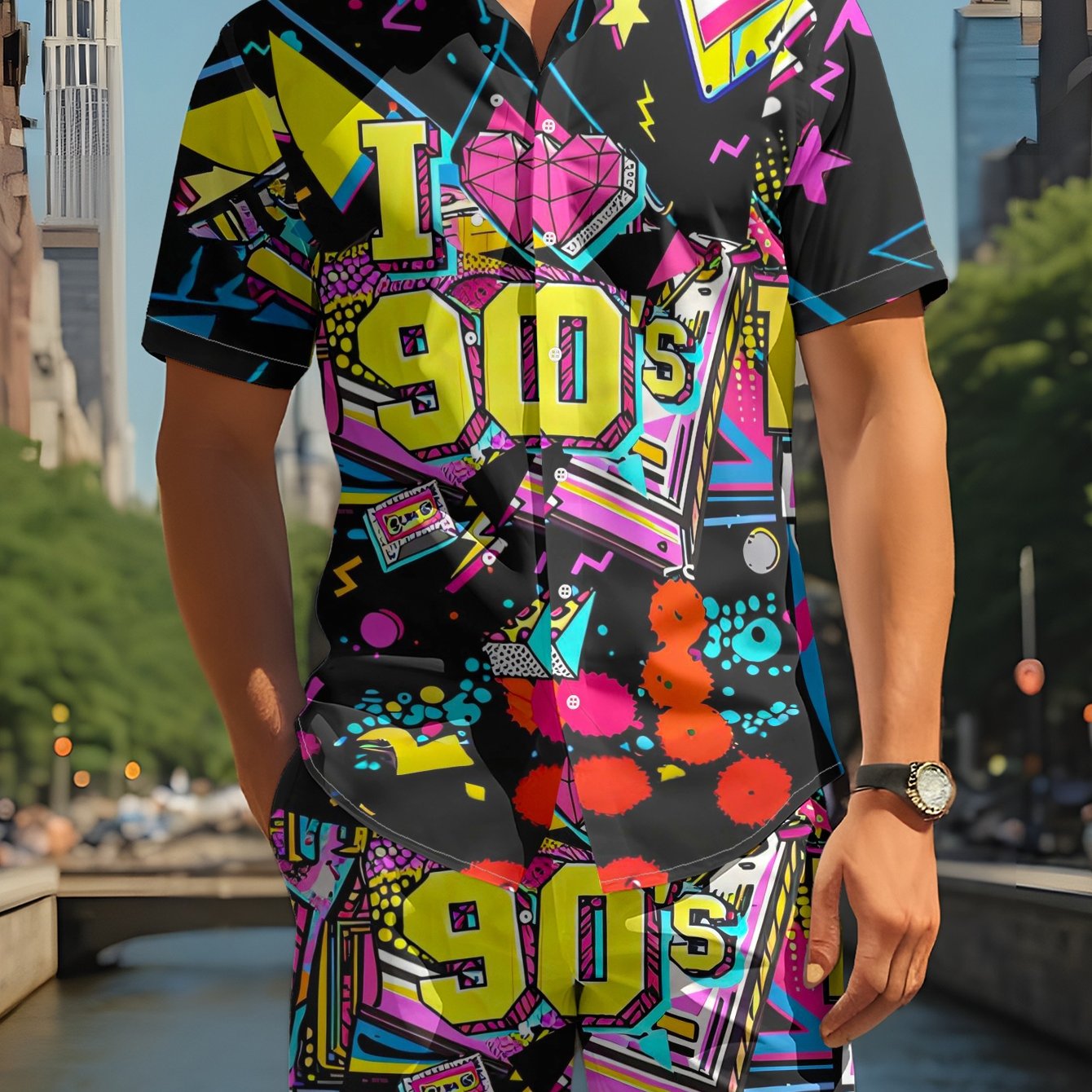 TEMU Conjunto Casual para Hombre de Camisa y Pantalones Cortos - Retro de - Traje de Vacaciones en , Estilo Atlético Casual, Transpirable para
