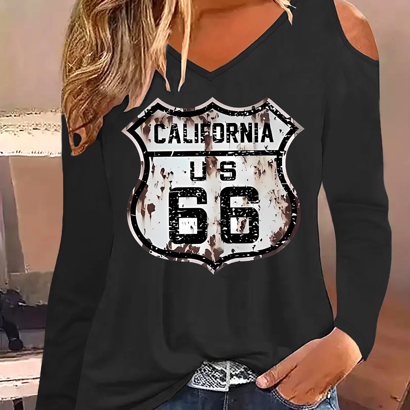TEMU T-shirt con stampa , top casual a maniche lunghe con scollo a V per e , abbigliamento da donna