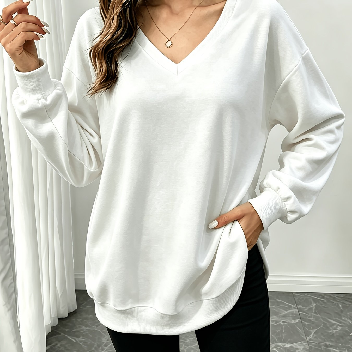 TEMU Plus Size V-neck Design Sweatshirt, Solid Color Single Piece Top, Autumn Winter Comfortable Low Women's Top, Fashionable Outing Wear, Wear,