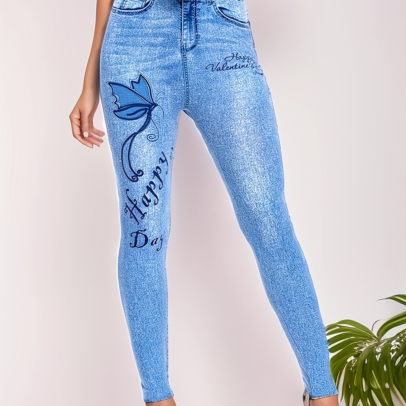 Image of [printed Leggings - Not Denim Fabric]directional Style High Waist Elastic Letter Printed Pants Denim Leggings Female
