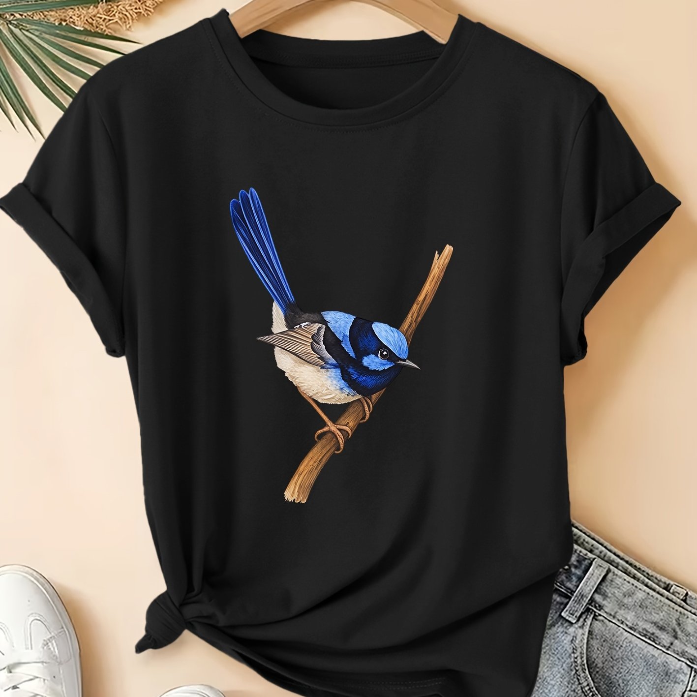 TEMU Women's Summer Clothing Blue And White Realistic Bird Print Round Neck Short-sleeved Casual Plus Size Women's T-shirt Fashion Commuting Vacation
