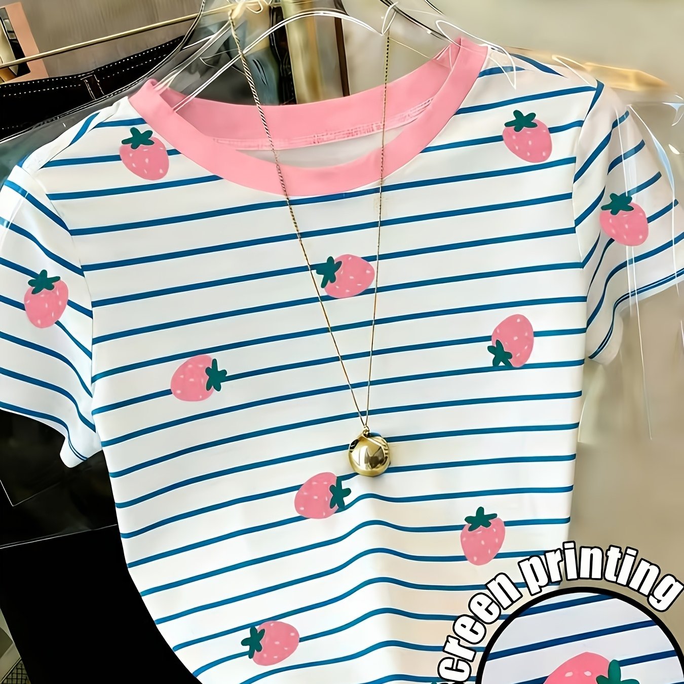 TEMU Plmm Summer New Arrival Full-print Strawberry Stripe Short-sleeve T-shirt With For A Girly Look
