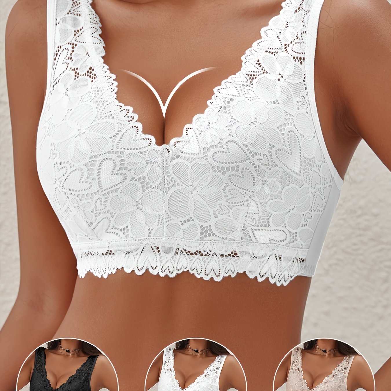 Image of 3pcs, Sports Bra, No Underwire, Heart Pattern Lace, Solid Color, Full Coverage, Elegant, High Elasticity, Breathable, Suitable For Yoga And Fitness, Suitable For Casual Wear, Suitable For