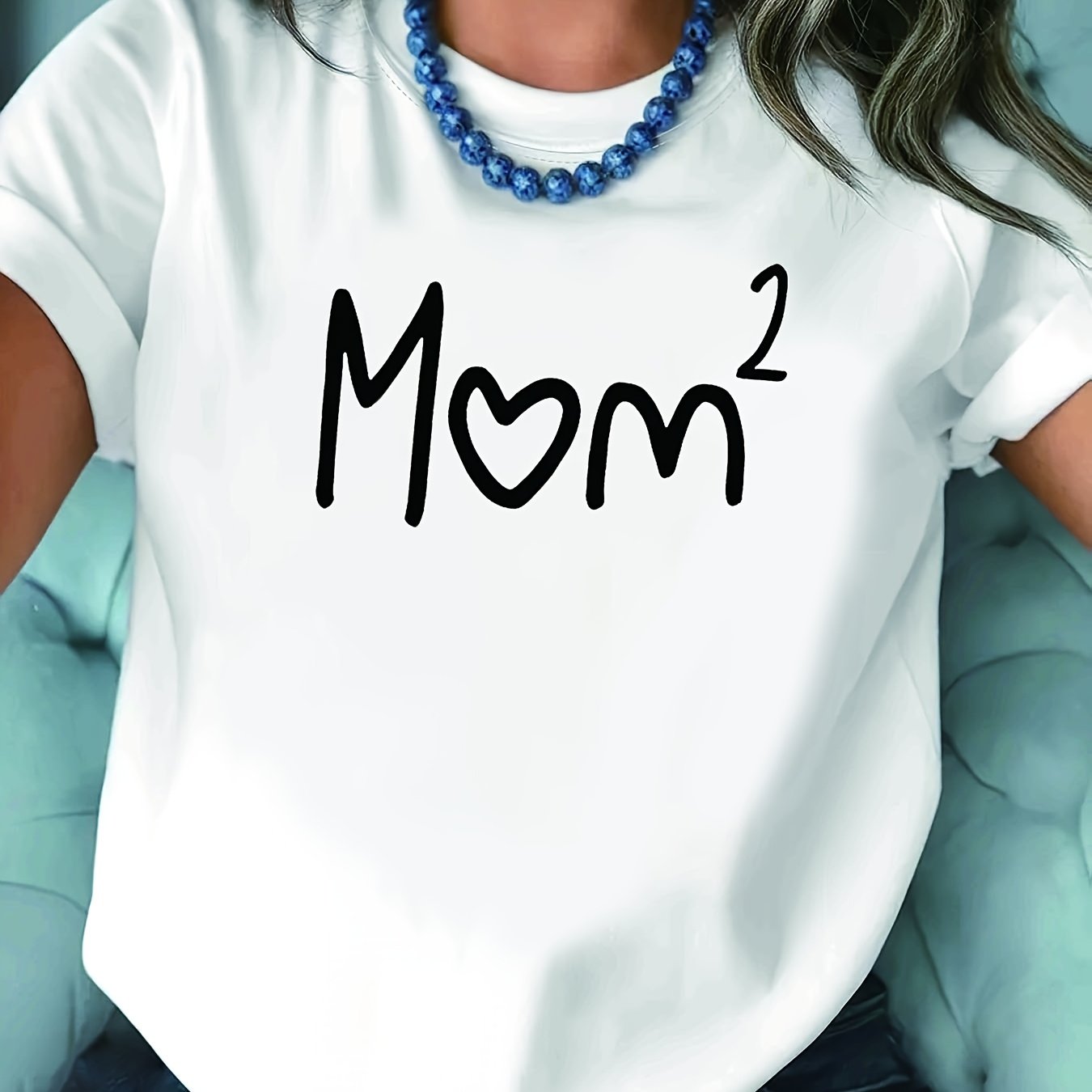 TEMU Women's T-shirt, Mom2 Second-time Mom Creative Heart Accent Text Print, White Short-sleeve Crew Neck Printed T-shirt - Machine Washable, , ,