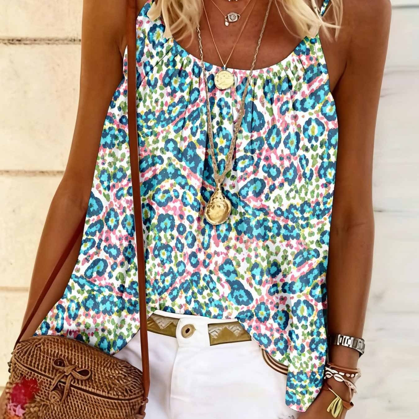 Image of Ladies' Printed Slim Shoulder Strap Camisole Vest Is A Must-have Sleeveless Top For Beach Vacations, Perfect For Strolling And Fashionable Women's Clothing In Summer