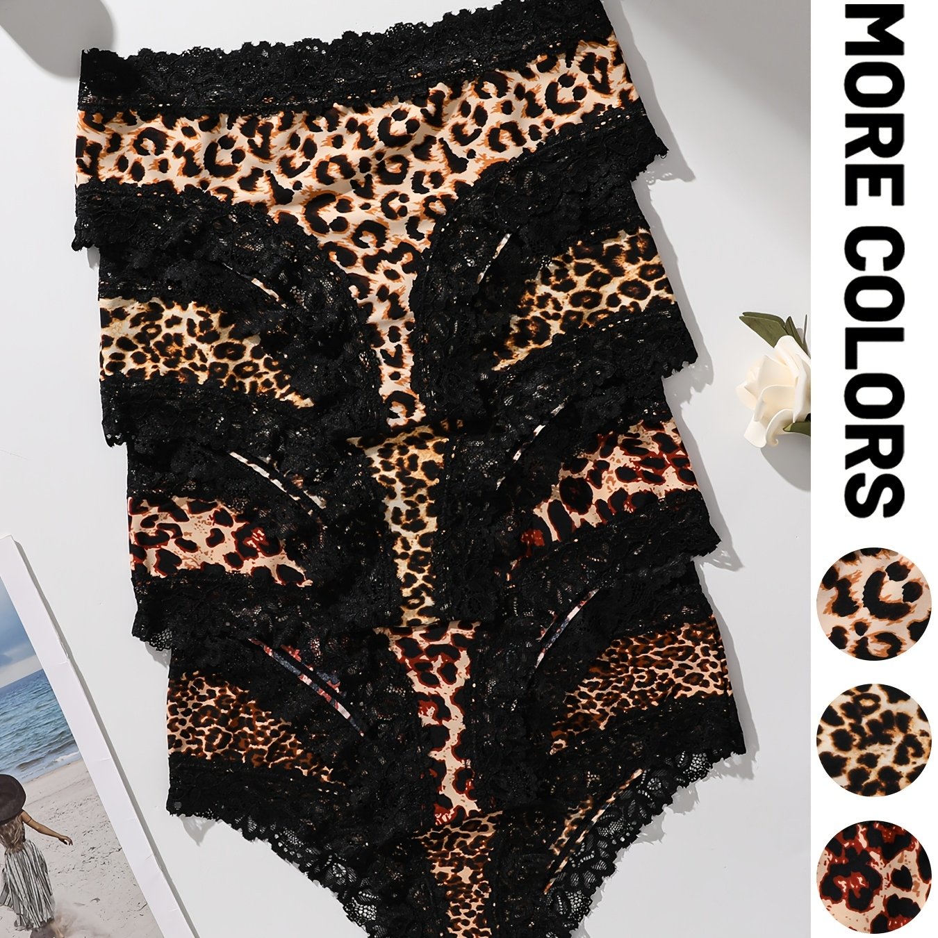 Image of 4-pack Women's Lace Panties, Lace Briefs, Leopard Print, Comfortable And Breathable Underwear, Suitable For , Daily Wear, Sports And Yoga