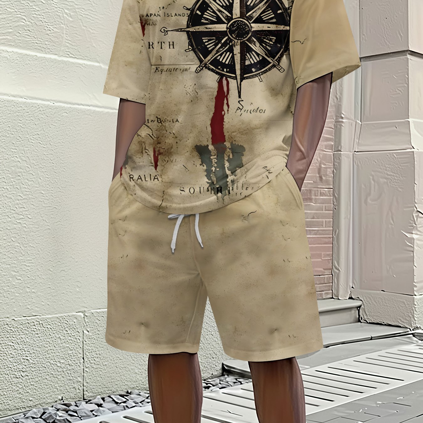 TEMU Men's Spring/summer Casual Vacation Short-sleeve Set, Distressed Map Compass Print Short-sleeve Set, Trendy Short-sleeve Shorts Set,