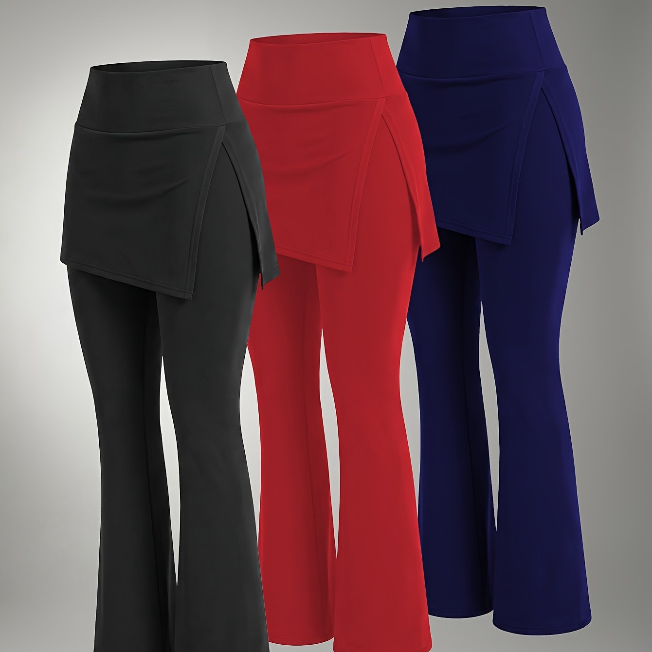 TEMU 3pcs Women's High-waist Flared Skort Pants With Slit - Stretchable Bottoms, Machine Washable Solid Color Trousers Suitable For Commuting,