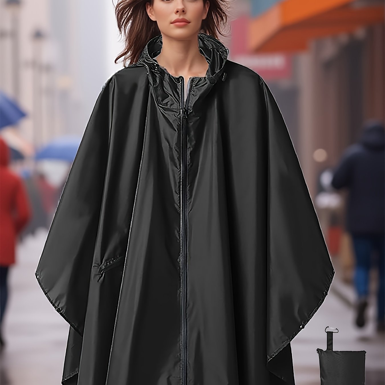 TEMU 1pc Rain Cape With Large Pockets, Adult Hooded Poncho-style Raincoat With Zipper, Lightweight Unisex Rainwear Suitable For, Camping, And Outdoor