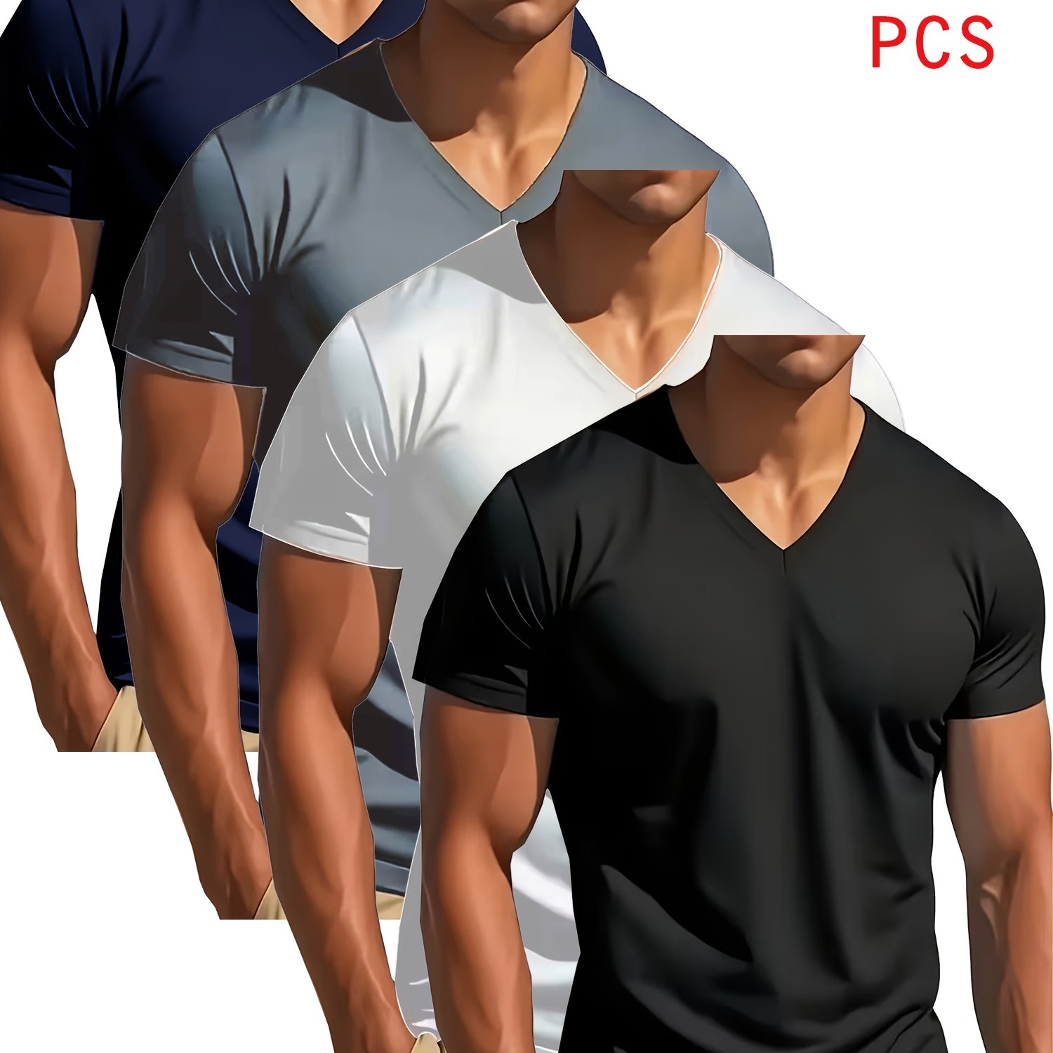 TEMU T-shirt Col en V 4 pièces , Plus Confortable Que Vous Ne Le Croyez, Légèrement Élastique, Coupe Slim, Design Polyvalent, T-shirt Homme Manches