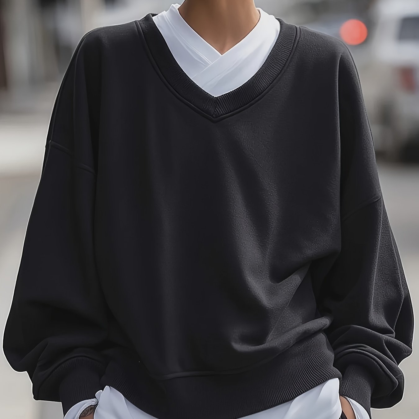 TEMU Women's Two-piece V-neck Sweatshirt, Loose Oversized Long Sleeve Pullover Top, Color- Layered Hem Round Neck Top And