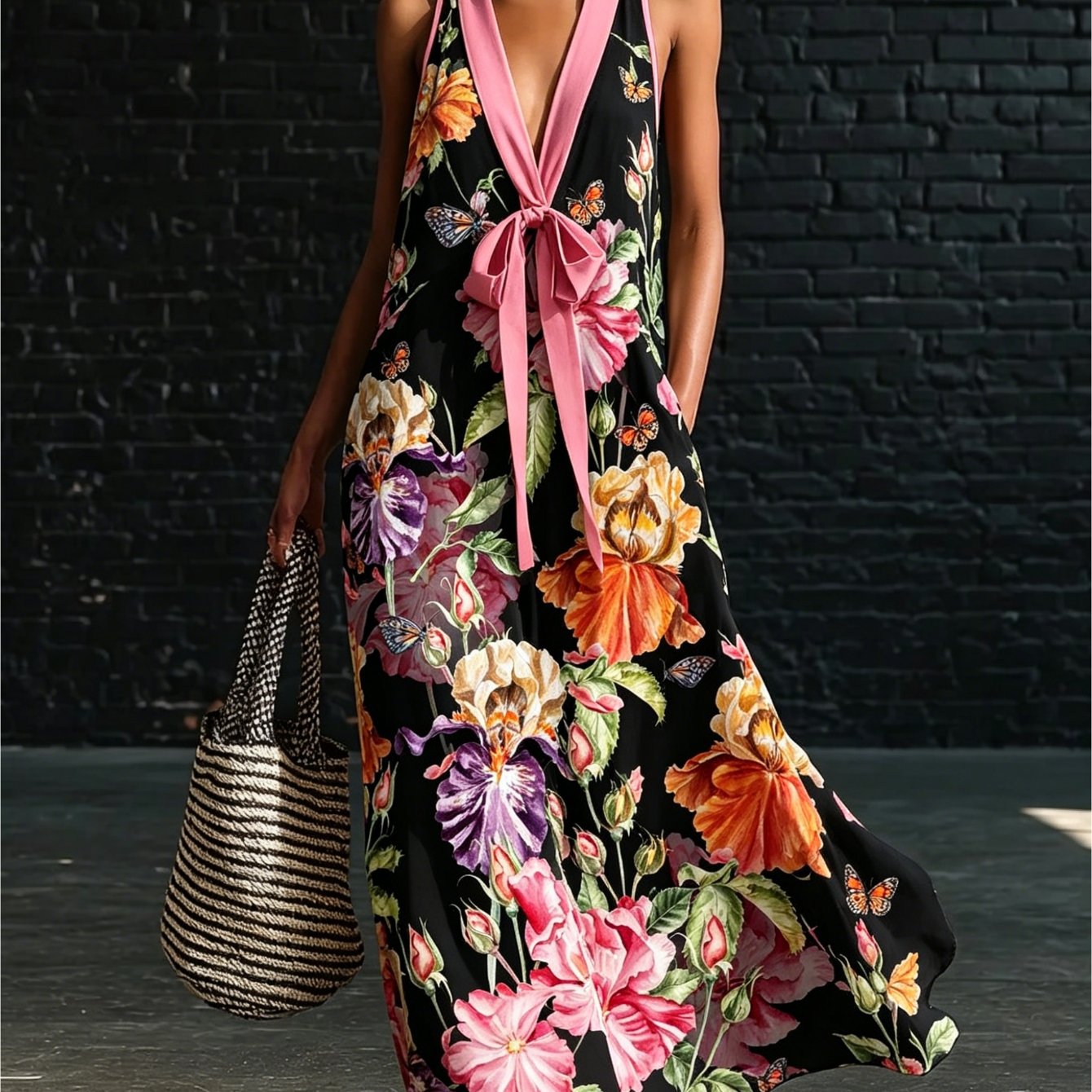 Plus Size - Women Loose Size Sleeveless Halter V Neck Maxi Dress Breathable Heat Sublimation Printed Long Gown Front Matching Fabric Bow Tie Hibiscus Floral Brown Base Pattern